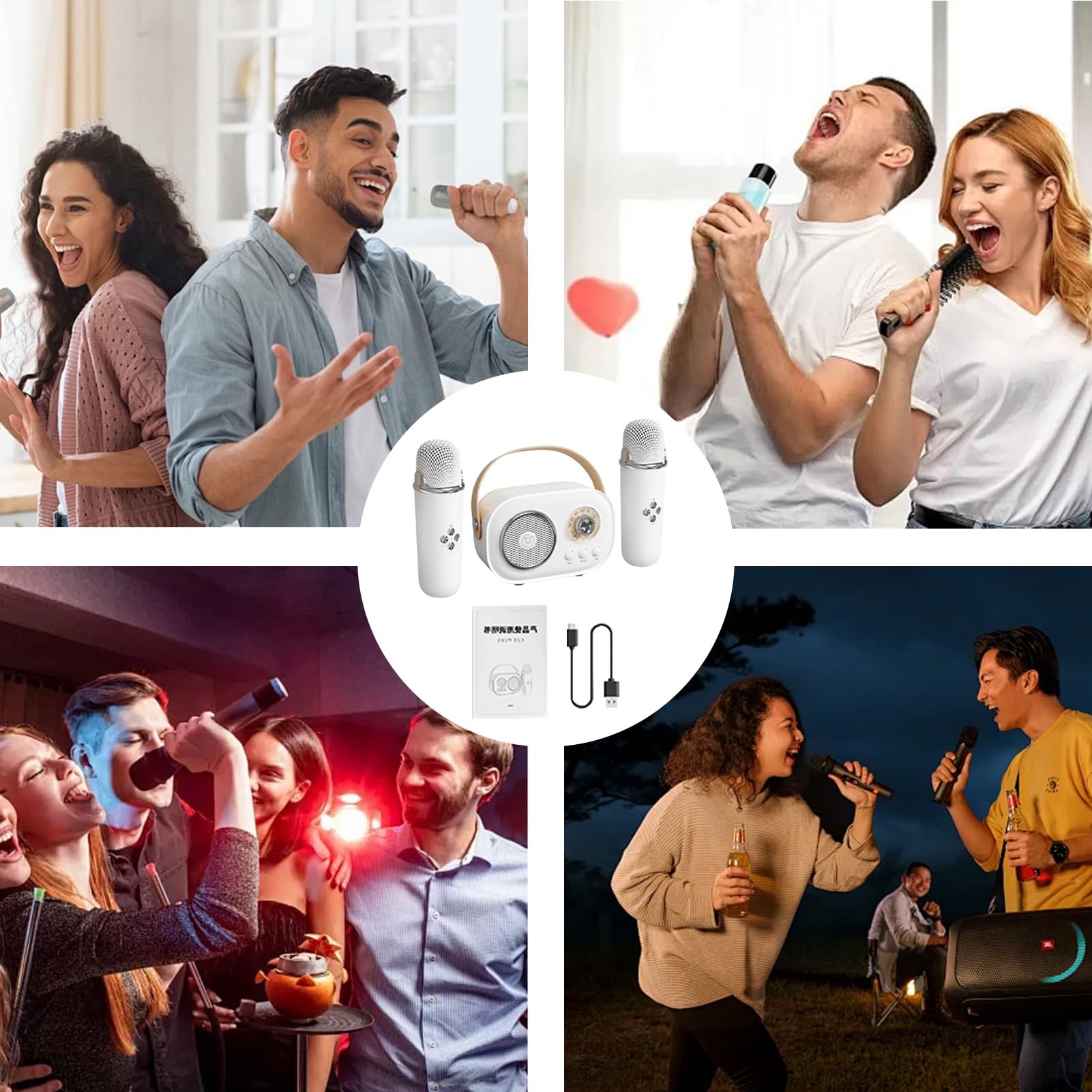 Pequeño altavoz de karaoke, pequeño karaoke con dos micrófonos, micrófonos | de canto portátiles con cable de carga para entretenimiento en el hogar