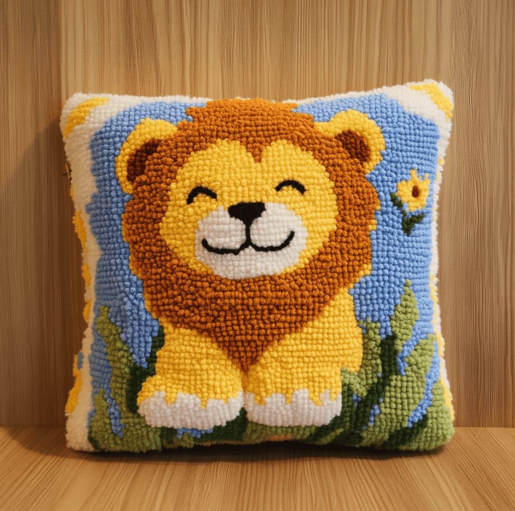 Kitquiver Latch Hook DIY Pillow Kit,Lion Handmade Cushion Cover 43X43Cm