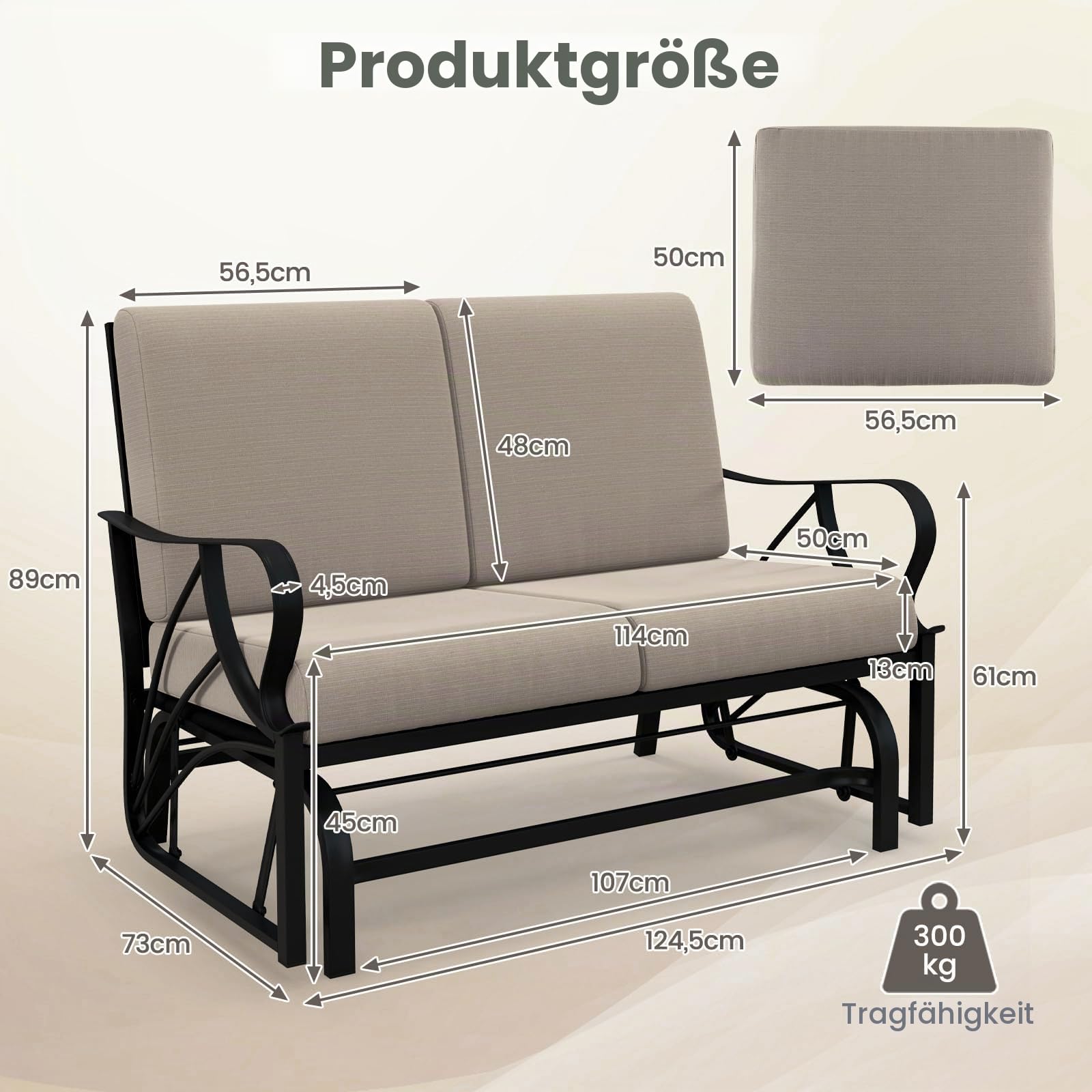 KOMFOTTEU 2-Sitzer Schaukelstuhl mit robuster Eisenrahmen, Doppelschaukelstuhl mit abnehmbarem weichem Kissen, Gartenbank mit hoher Rückenlehne & ergonomischen Armlehnen, Khaki