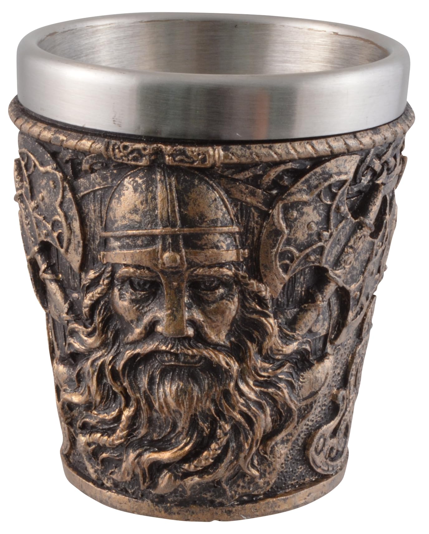 VOGLER Joh. Vogler GmbH Lot de 4 verres à shot en forme de tête de viking, avec insert en acier, en pierre artificielle, peint à la main, couleur bronze, volume : 50 ml