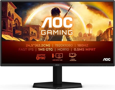 AOC 25G42E 25 inch FHD Gaming Monitor 180Hz, Fast IPS Panel, 1ms GtG, HDR10, G-Sync Compatible, 1920x1080 HDMI 1x 2.0 DP 1x 1.4 Black