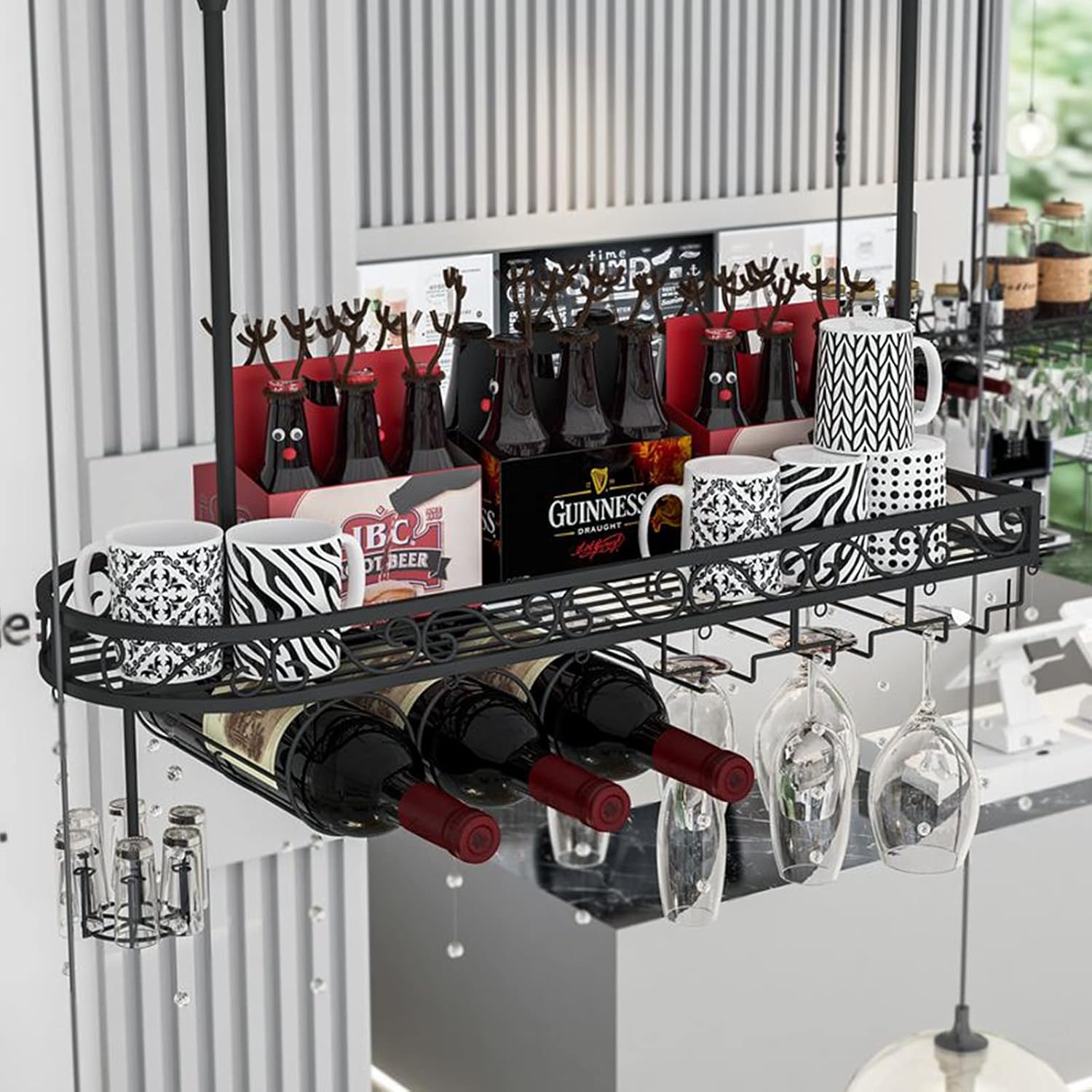 European Style Hanging Wine Glass Rack with Upside Down Wine Bottle Rack Home Creative Wine Cabinet Decoration for Bar Counter Goblet Holder