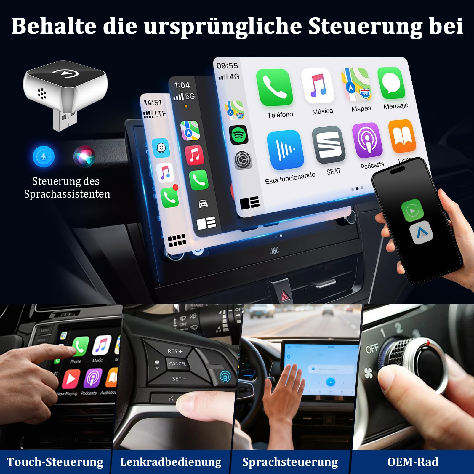 2 in 1 Carplay Wireless Adapter & Android Auto Adapter,USB-A/Typ-C Wired Auf Wireless Kompatibel Mit Für iPhone IOS 10+ e Android 11+,Schnelle Verbindung, Keine Verzögerun, Auto-Wiederverbindun