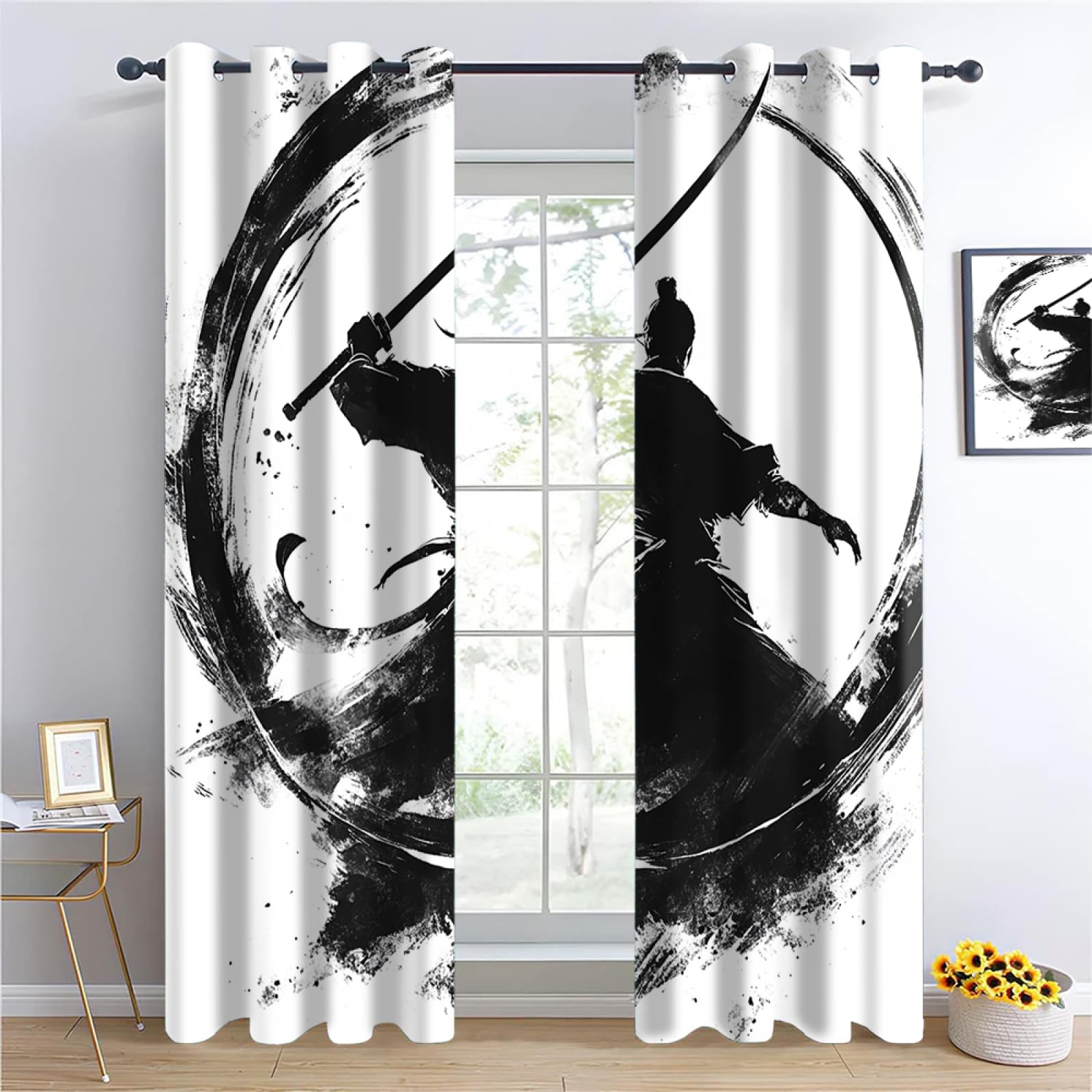 Schwertkämpfer Blickdichte Vorhänge, Samurai mit Schwert Wohnzimmer Schiebevorhänge, Schwarze Silhouette Kinderzimmer Vorhänge, Minimalismus Ösen Verdunkelungsvorhänge B140 x H220cm 2 Paneele