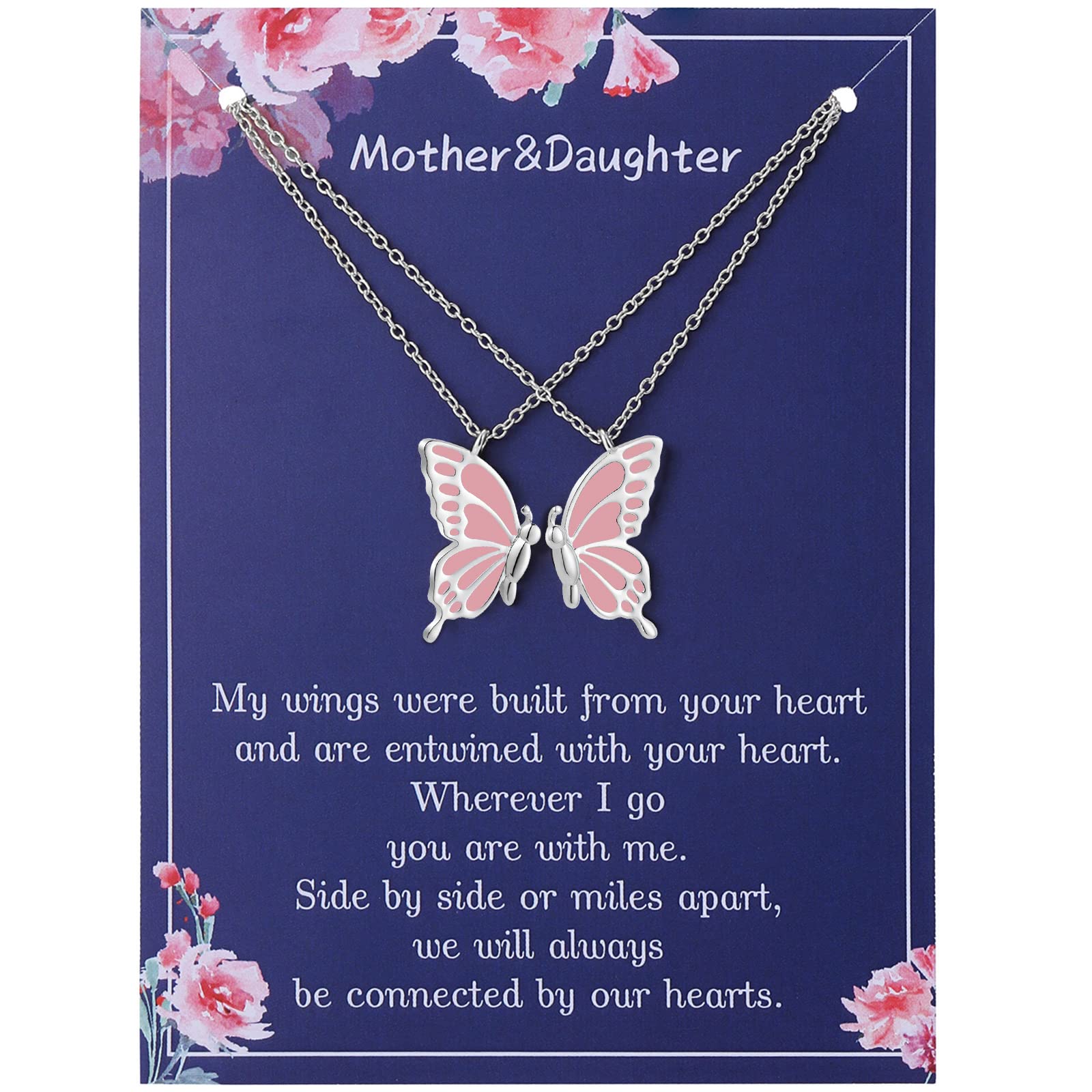 RS Mother Daughter Mom Necklaces Set 2 Butterfly Matching Necklace Women Mother's Day Christmas Valentines Pendant Chain Jewelry Girls Gifts