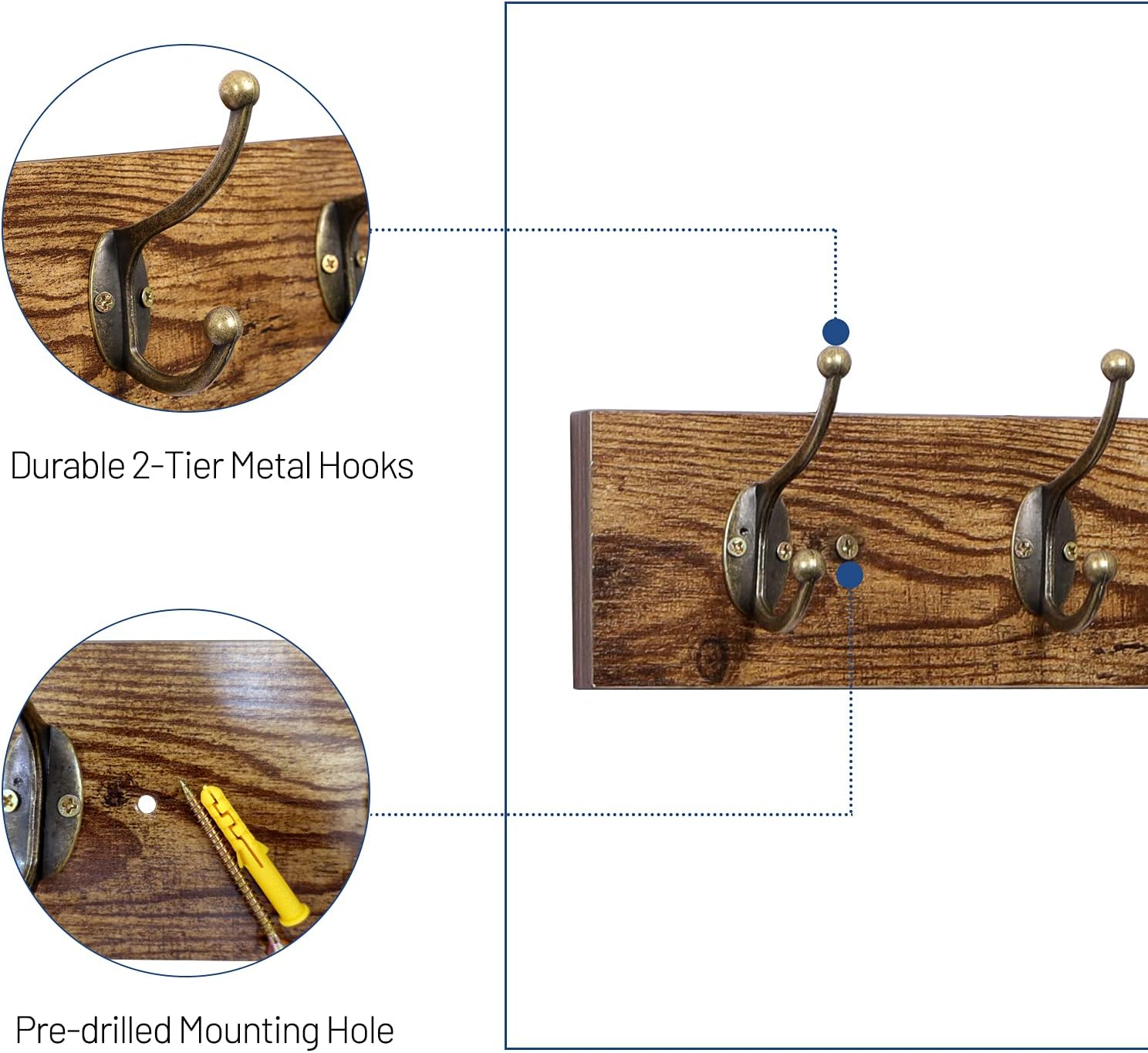 OROPY Vintage Wooden Coat Rack 2 Pack, Wall Mounted Heavy Duty Hat Hanger with 4 Sturdy Metal Hooks for Entryway Bathroom Closet Organizer, Vintage Brown