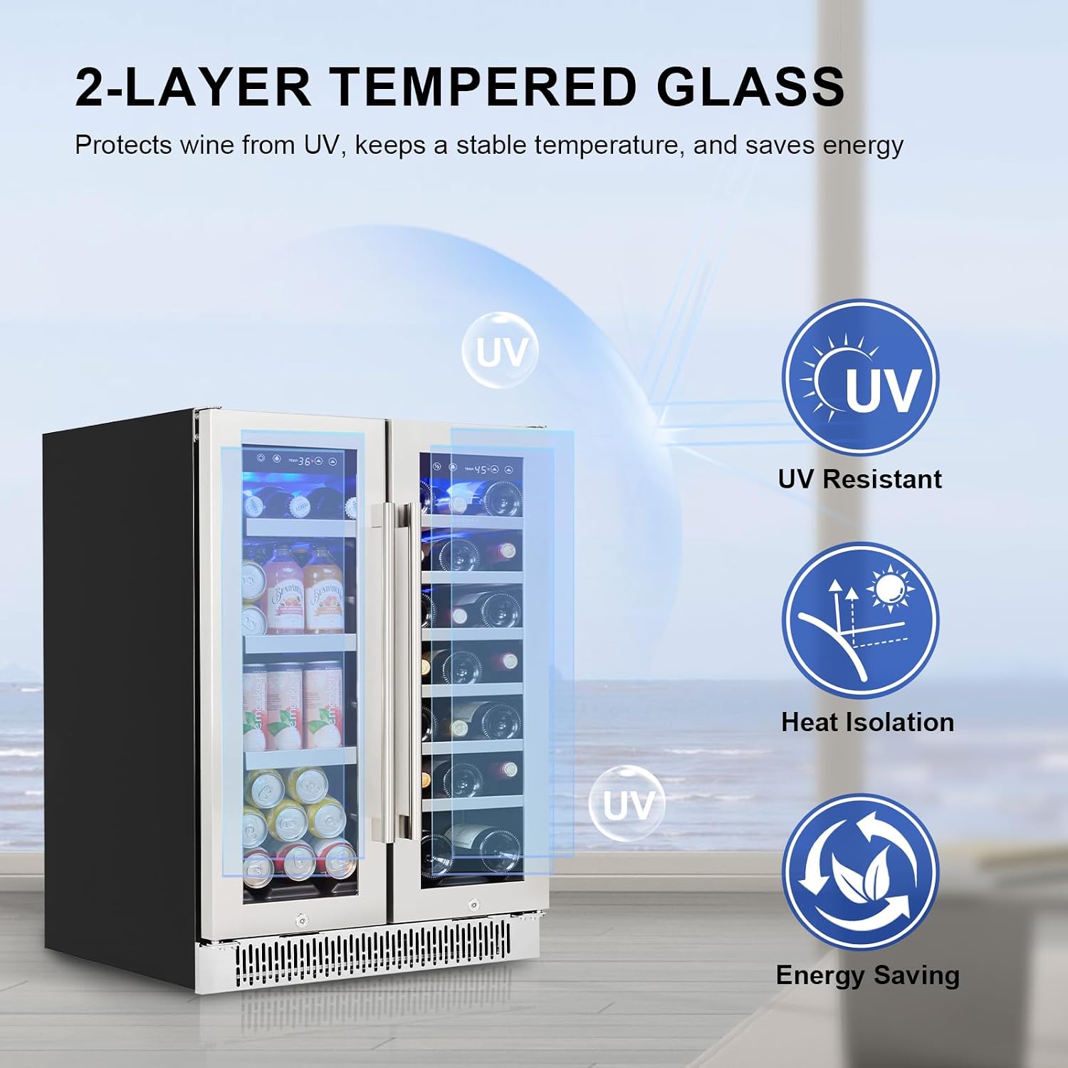 Akicon Luchar Wine and Beverage Refrigerator, 24 Inch Beverage Fridge Holds 20 Bottles & 60 Cans, Dual Zone Wine Cooler with 3-Color LED Light, Under Counter/Built-In/Freestanding (Stainless Steel)