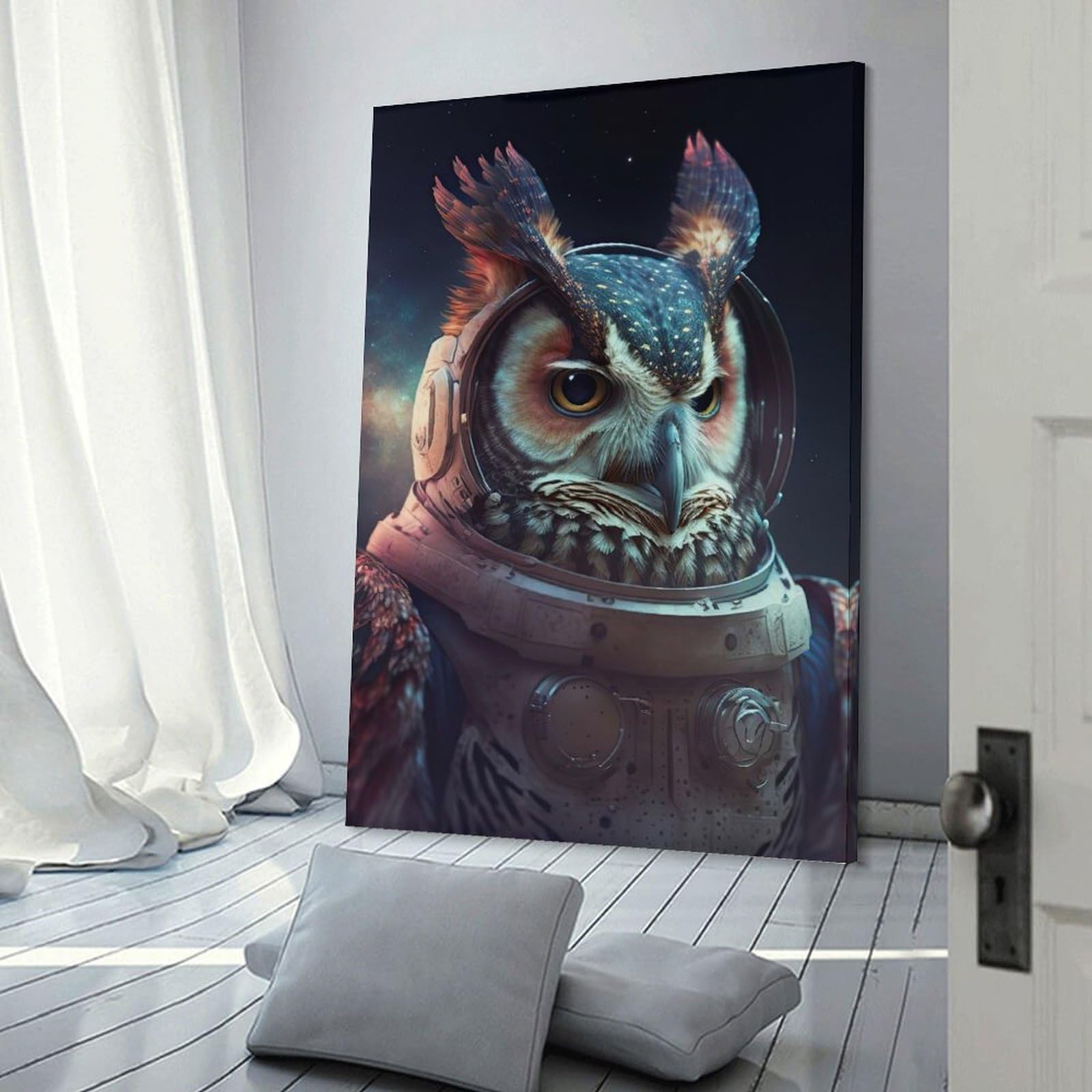 Junmoney Frame-Style-23 Wall Decor Canvas Print Owl Astronaut, 20X30inch(50X75cm), For Living Spaces, Bedrooms Or Relaxed Rooms, A Home Accent With Warm Character