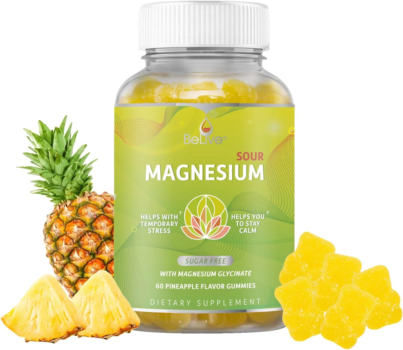 BeLive Magnesium Glycinate Gummies 200 mg - Sugar Free Supplement for Muscle Relaxation, Sleep Support, & Heart Health for Adults & Kids - Pineapple Flavor - 60 Count