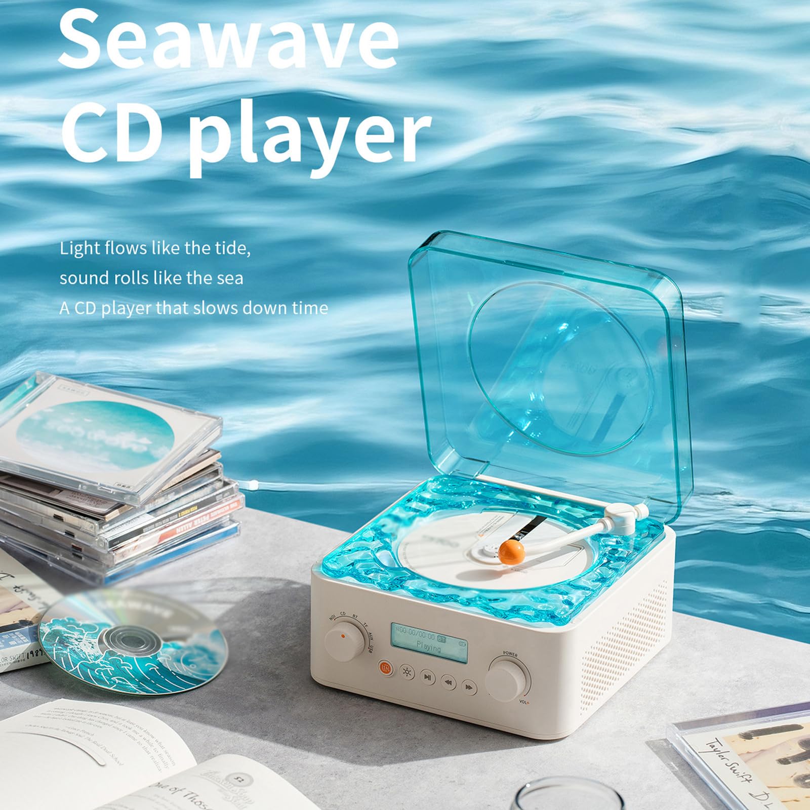 Lettore di Cassette Bluetooth CD Boombox Radio Portatile Wave Record, Rumore Bianco Marino con Luce Ambientale a Onde Interruttore Rotante, 8 Suoni Naturali Funzione Timer di spegnimento