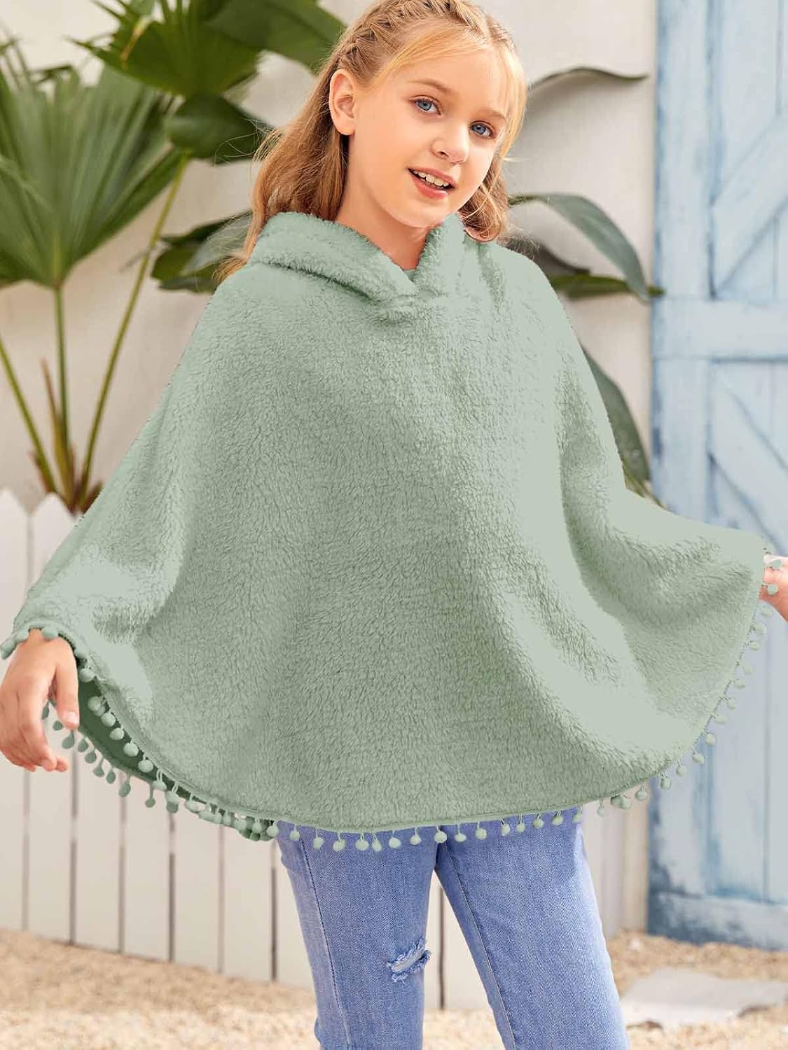 Inorin Kids Girls Sherpa Fleece Pullover Hoodies Pompom Tassel Fuzzy Coat Poncho Cloak Hooded Cape