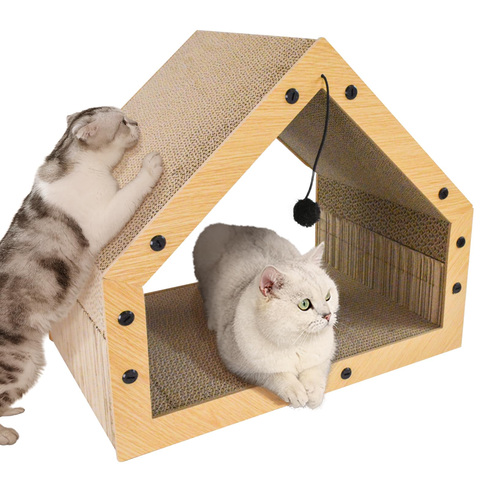 Kratzpappe für Katzen Groß XXL mit Ball, Hausform Kratzbretter Katze, Betten, Kratzspielzeug & Kratzmöbel aus Hochwertiger Wellpapier, 40x30x40cm