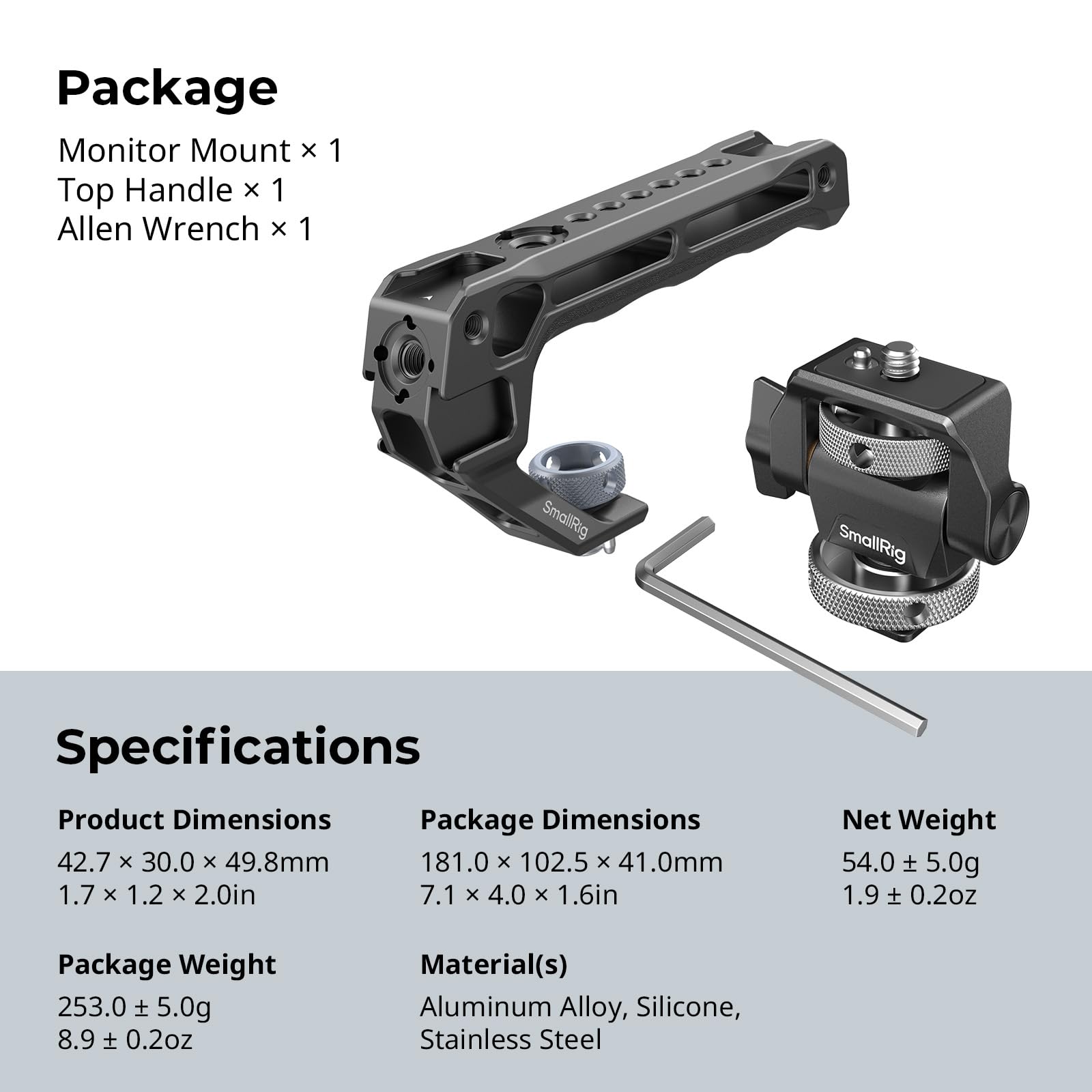 SMALLRIG Top Handle with Monitor Mount Kit, with 3/8"-16 Locating Holes for ARRI, 5 Built-in Cold Shoe, 360° Swivel and 180° Tilt Adjustable Monitor Holder with Thumbscrew, Anti-Twist Design - 5322