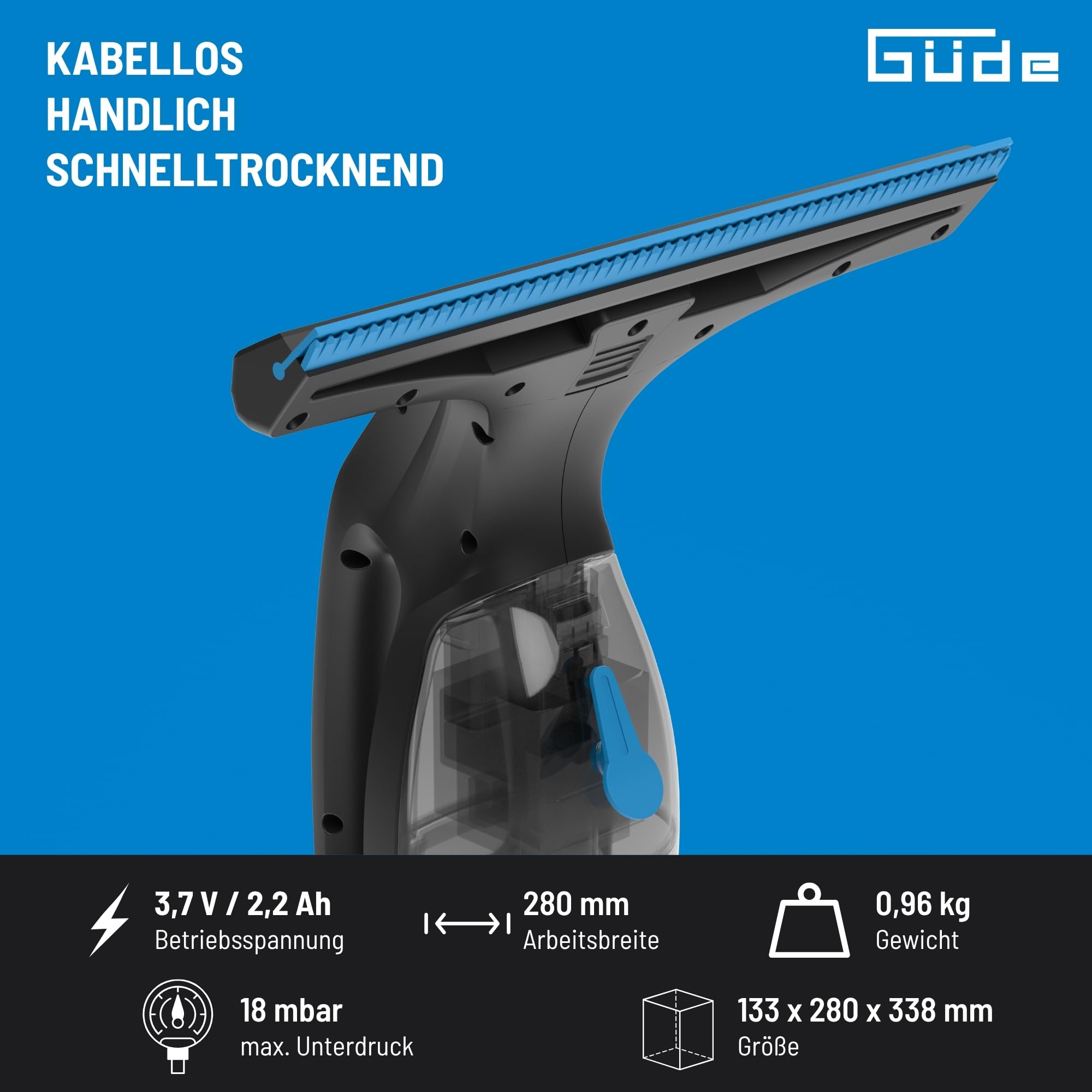 Güde Akku Fenstersauger GAFS 280 (3,7 V, 28 cm Arbeitsbr., 125 ml abnehmb. Schmutzwassertank, 1,8 kPa max. Unterdr., 30 min Arbeitszeit mit vollem Akku, inkl. Ladegerät, Sprühflasche & 2 Wischbezüge)