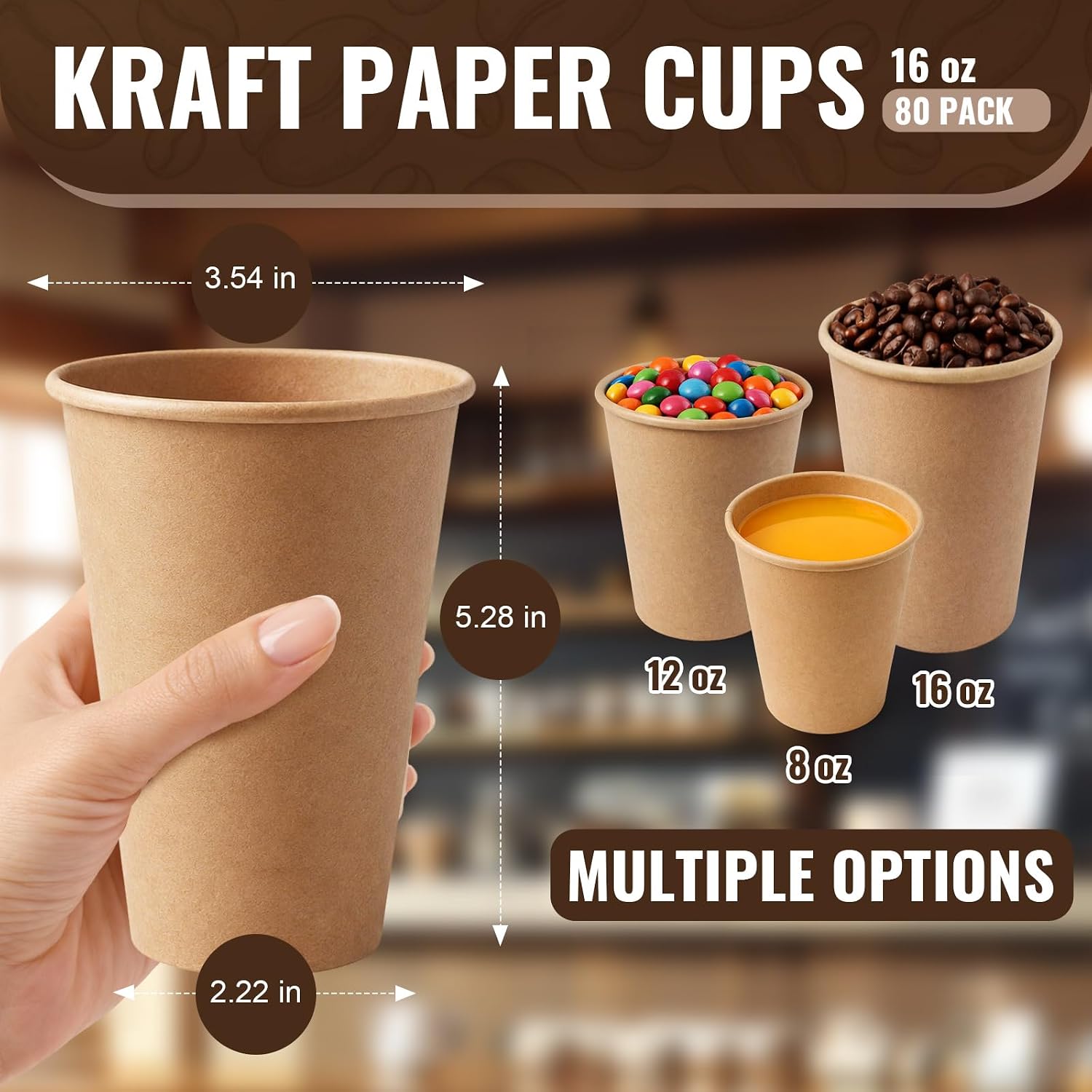 Disposable Kraft Paper Cups (16oz-80pack), Brown Coffee Cups Made from Unbleached Kraft Paper, Sturdy Leak Resistant Hot/Cold Disposable Cups for Party Home Office