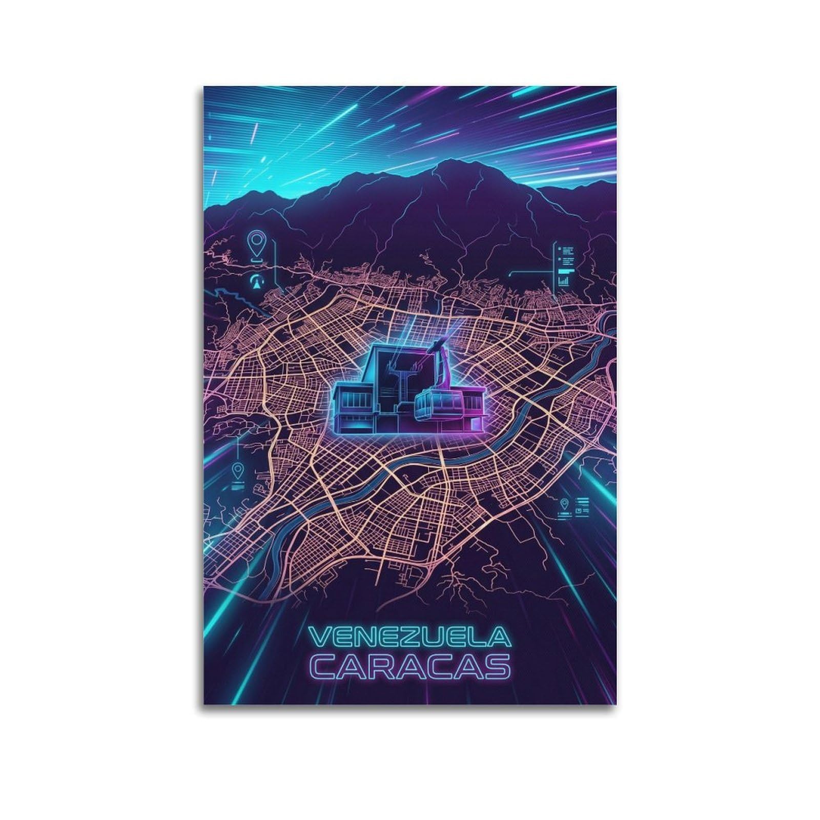 XKUGA Venezuela Caracas 80s Neon City Gamer Room Poster Modern Decorative Canvas Prints - Ideal Wall Art for Family, Man Cave, Game Room, Boys & Girls Bedroom 12x18inch(30x45cm)