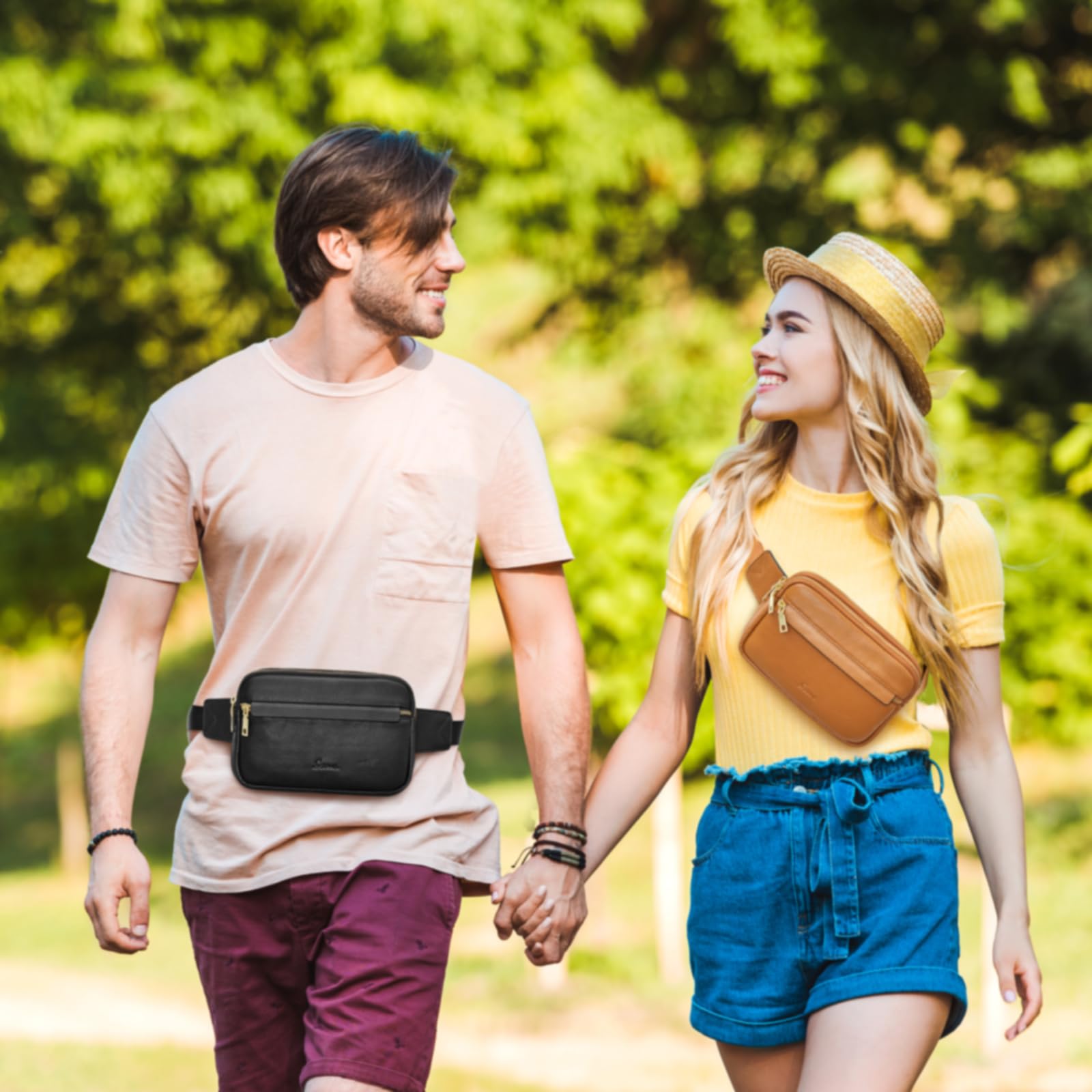 S-ZONE Fanny Packs for Women Genuine Leather RFID Blocking Crossbody Bags Purses Sling Waist Chest Bag Gifts Travel Running Adjustable Strap Men: Black