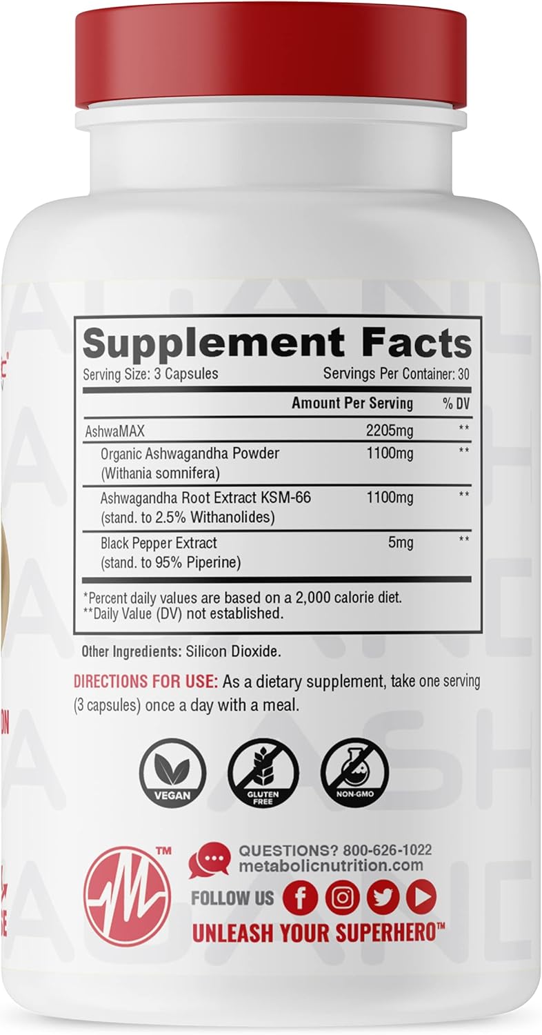 Metabolic Nutrition Ashwagandha 2200mg Made with Organic Ashwagandha Powder and Black Pepper Extract, 90 Vegan Capusles (Pack of 2)