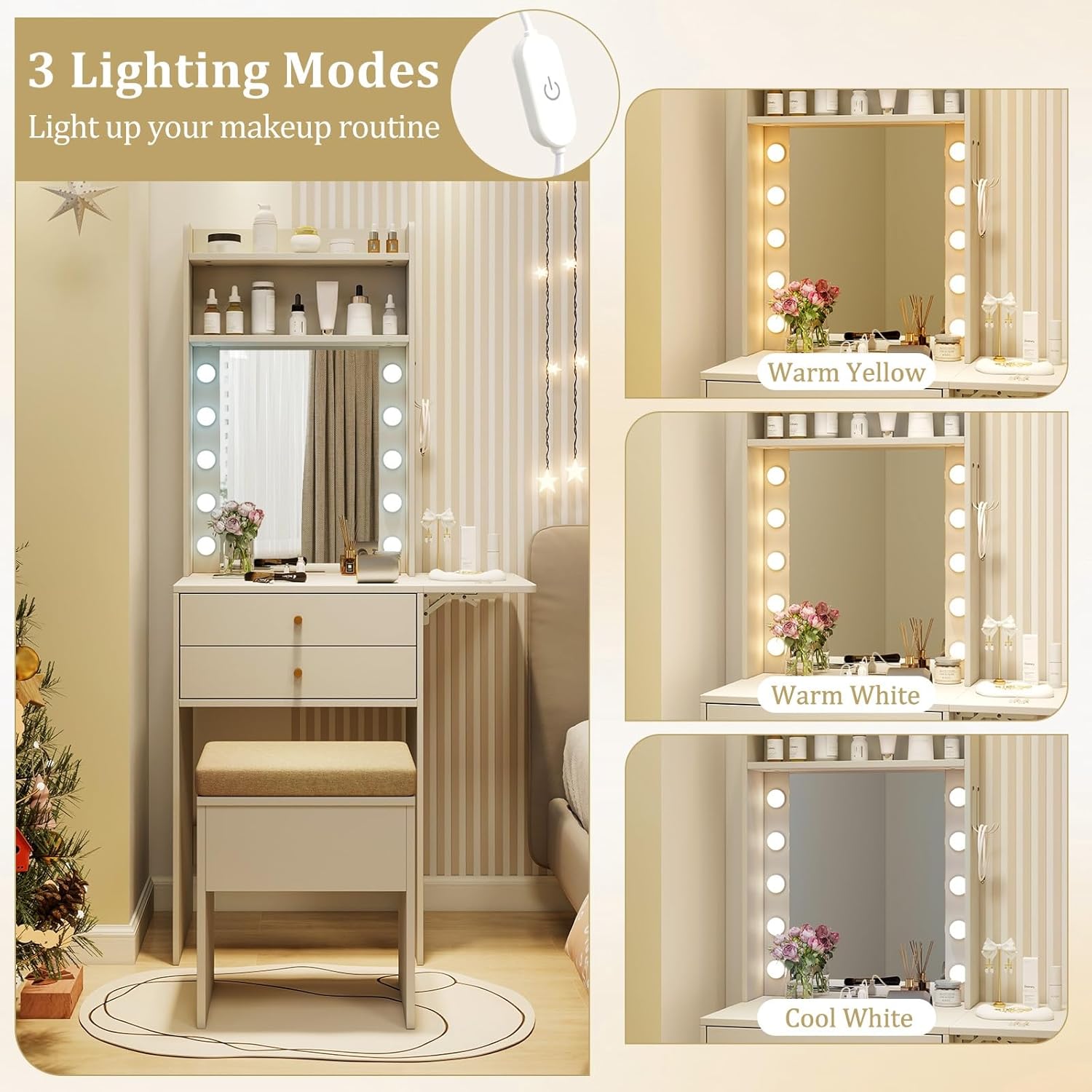LED Mirror with three lighting modes: Warm Yellow, Warm White, and Cool White