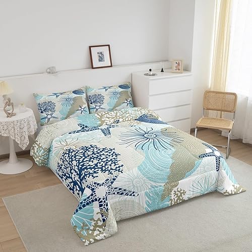 Miniatura 2 de Erosebridal Juego de edredón de estrellas de mar, ropa de cama tamaño individual, ropa de cama de animales costeros para niños y niñas, juegos de