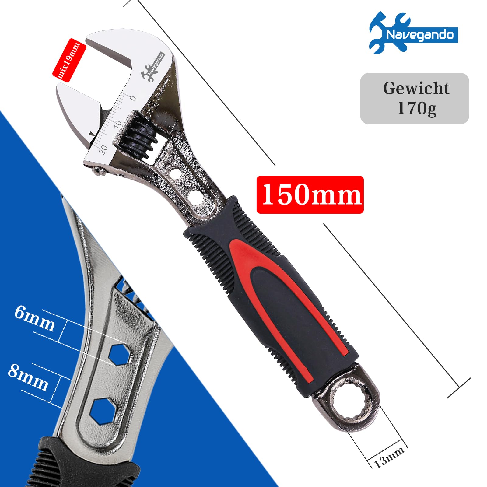 Navegando Rollgabelschlüssel 150 mm, 6 Zoll Engländer aus Kohlenstoffstahl, Geschmiedeter Schraubenschlüssel verstellbar mit Schwarz-Nickel-Beschichtung, Ergonomischer Softgriff, Kompakt & Portabel