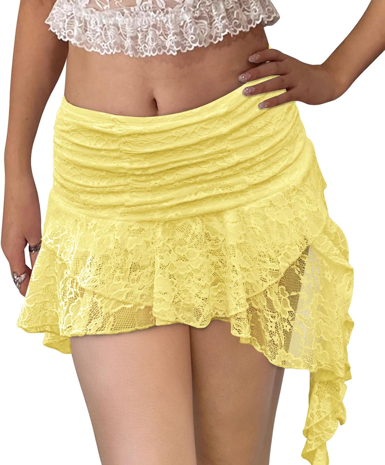 Kolagri Women Y2K Lace Mini Skirt Low Rise Pleated Ruffle Short Skirts Layered Flowy Asymmetrical Fairy Half Slip Skirt