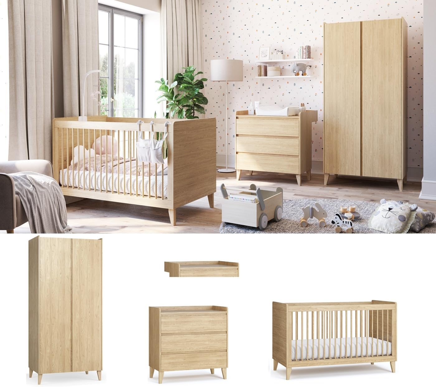 QMM Babyzimmer Kinderzimmer Maya komplett Set A Kleiderschrank Kommode Wickelaufsatz Bett