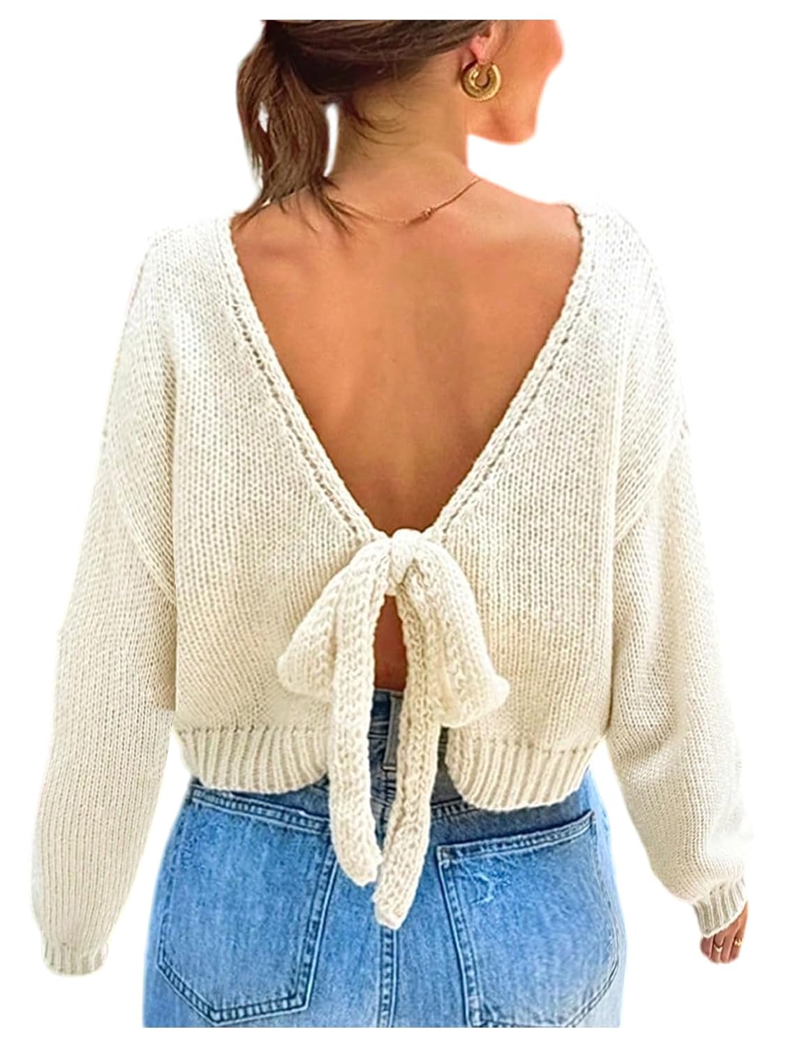 Floerns Womens Bow Tie Back Fall Sweater Crew Neck Cozy Knit Trendy Pullover Tops