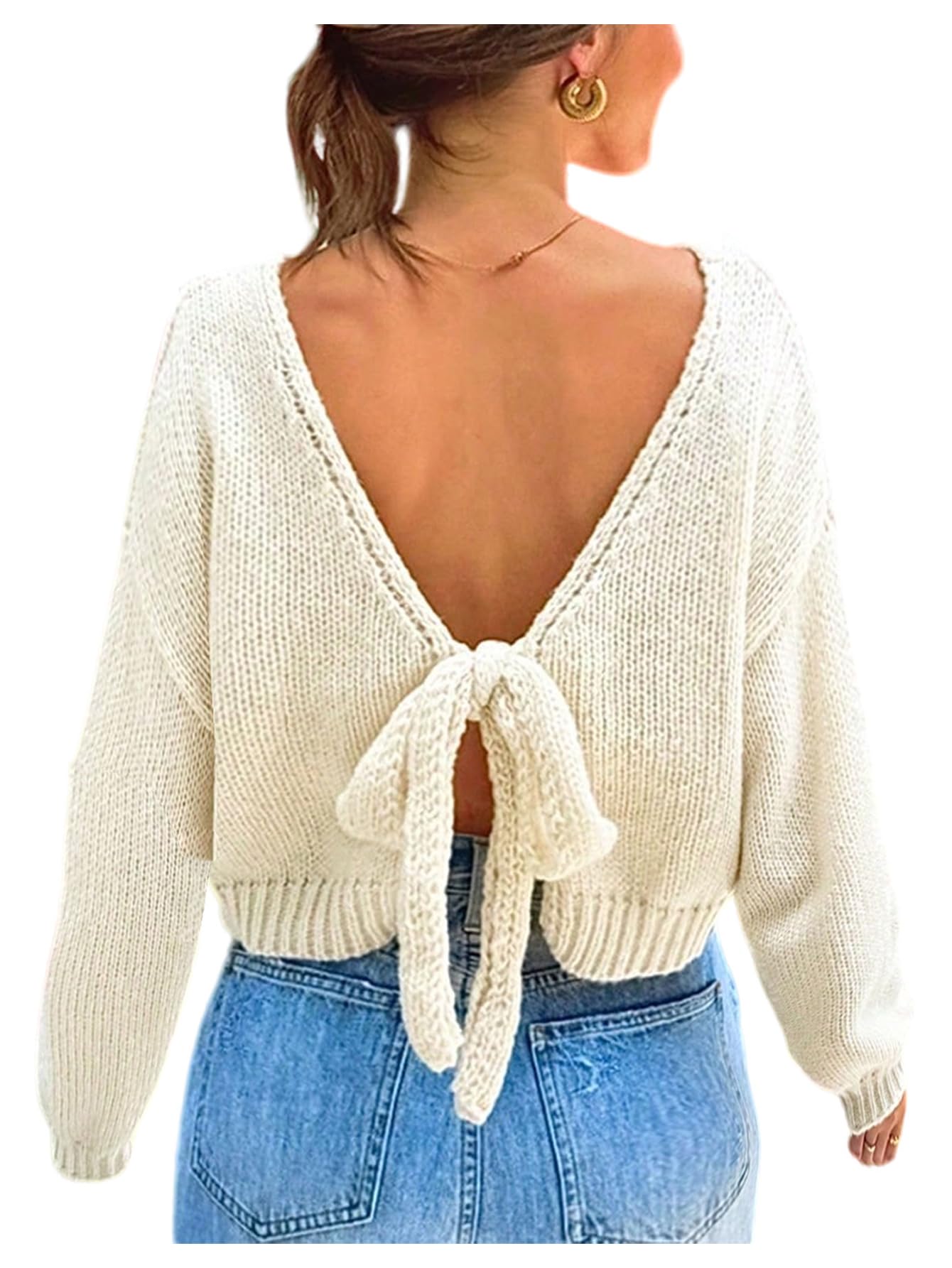 Floerns Womens Bow Tie Back Fall Sweater Crew Neck Cozy Knit Trendy Pullover Tops