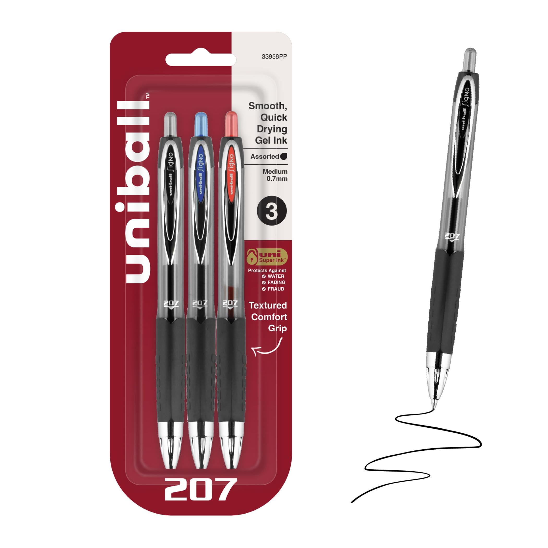 uniball™ 207 Gel Pens, Assorted Ink, 0.7mm Medium Point, 3 Count
