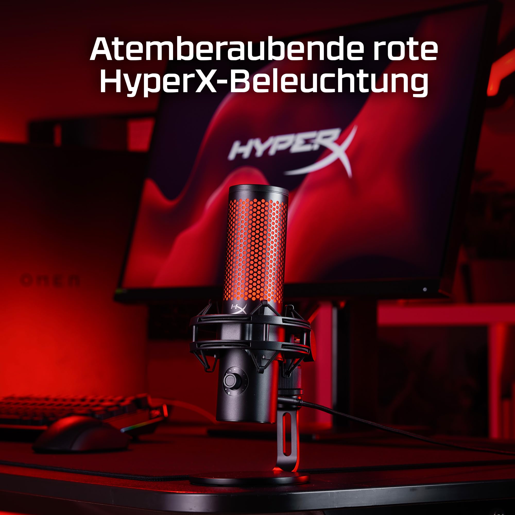 HyperX QuadCast 2, USB-Mikrofon für Gaming, Streaming und Podcasting, Tippen-zum-Stummschalten-Sensor, LED-Beleuchtung, 24-Bit/96-kHz-Aufnahmen, 4 Richtcharakteristiken, Dämpferhalterung, Schwarz