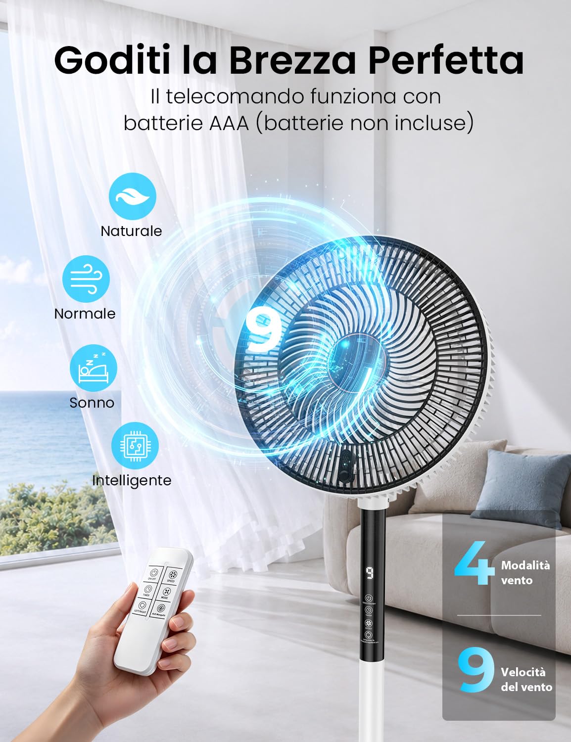 Rintea Ventilatore a Piantana, 22W, 9 Velocità Ventilatore Silenzioso con Telecomando,Oscillazione 90°, 4 Modalità, Flusso d'Aria Potente, Altezza Regolabile, Ideale per Casa e Ufficio