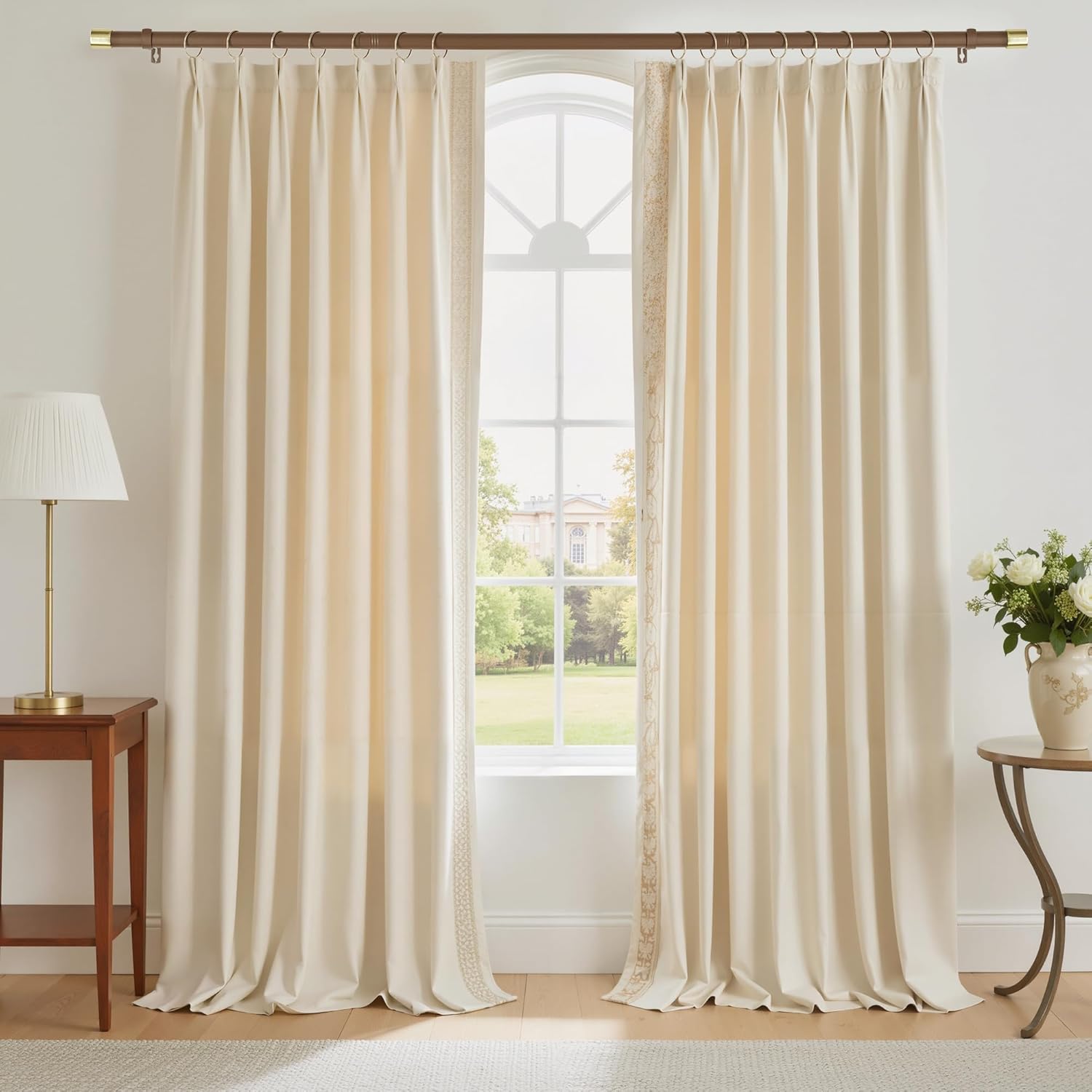 NICETOWN Adjustable Brown Metal Curtain Rod, Extendable Drapery Rod for Living Room Bedroom, Modern Matte Brown Finish with Electroplated Gold Cylinder Finials, for Apartment, Loft, 48-84 Inches