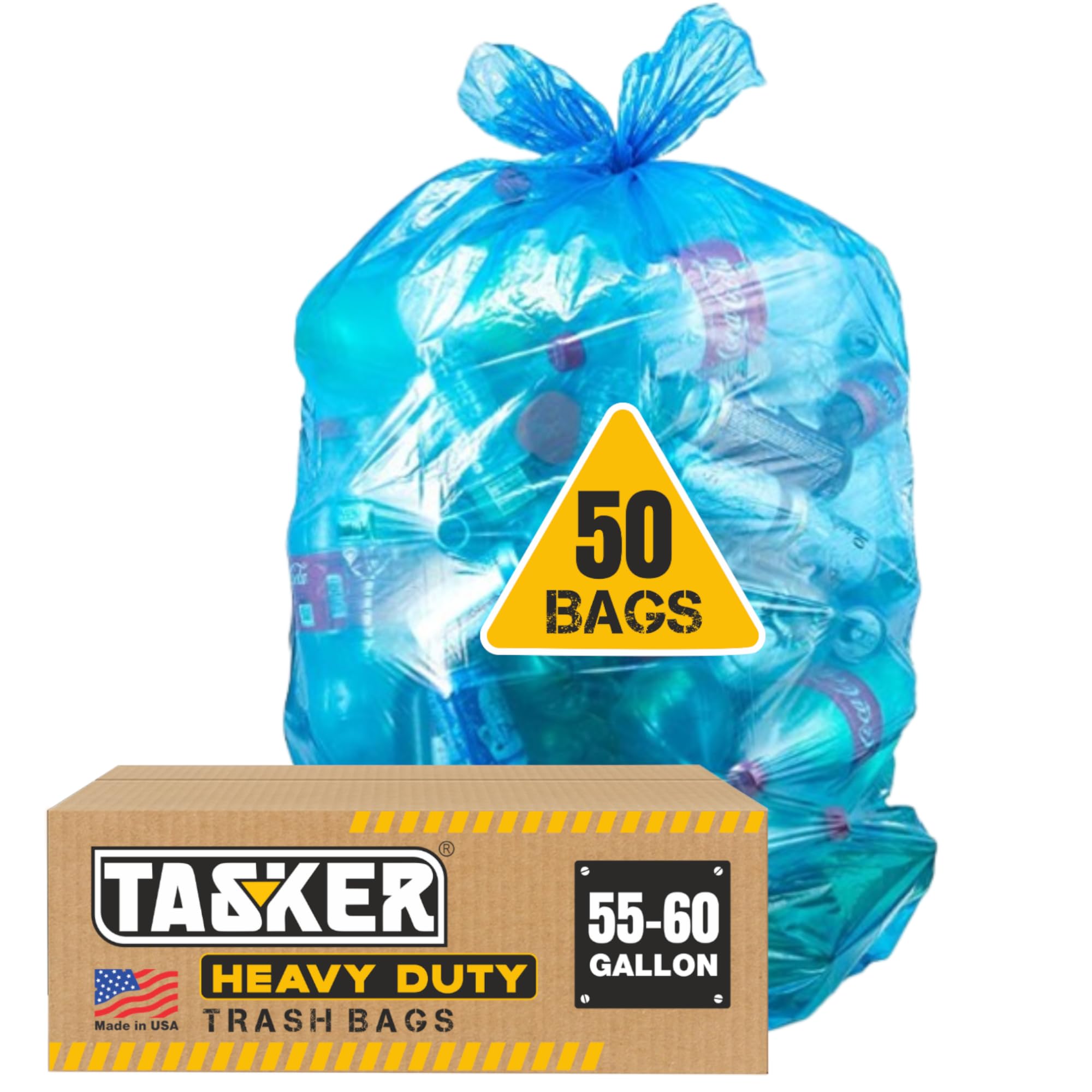 Recycling Trash Bags 55 Gallon, (50 Bags w/Ties) Large Blue Plastic Garbage Bags