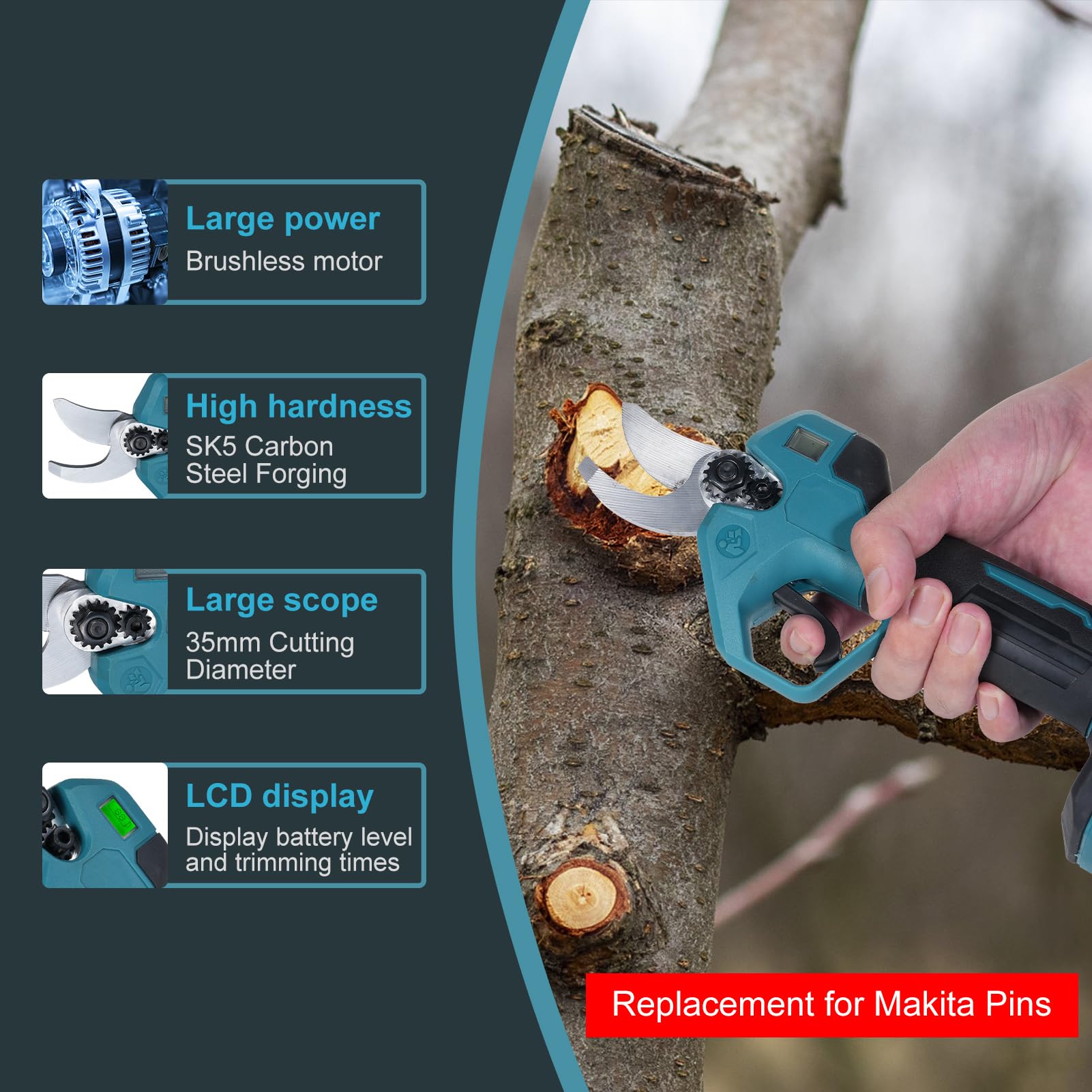 Akku Astschere, Elektrische Gartenschere 35mm für Makita 18V Akku, Bürstenloser Motor, LCD zum Beschneiden von Bäumen Obstbäumen(ohne Akku und Ladegerät)