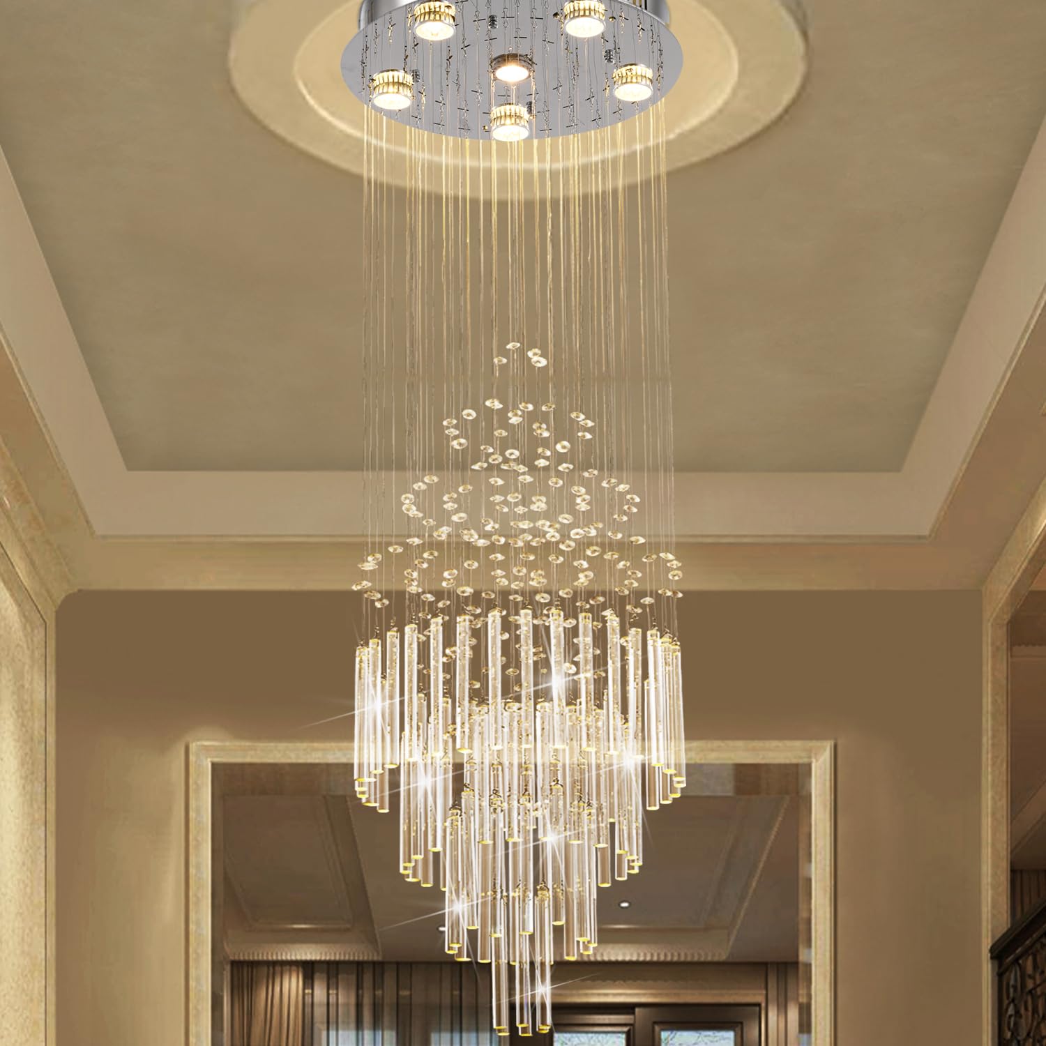 6-Light Flush Mount High Ceiling Chandelier, Modern Raindrop Crystal Chandeliers Pendant Light Foyer Chandelier Ceiling Led15.7 x 47.2 of CRYSTOP