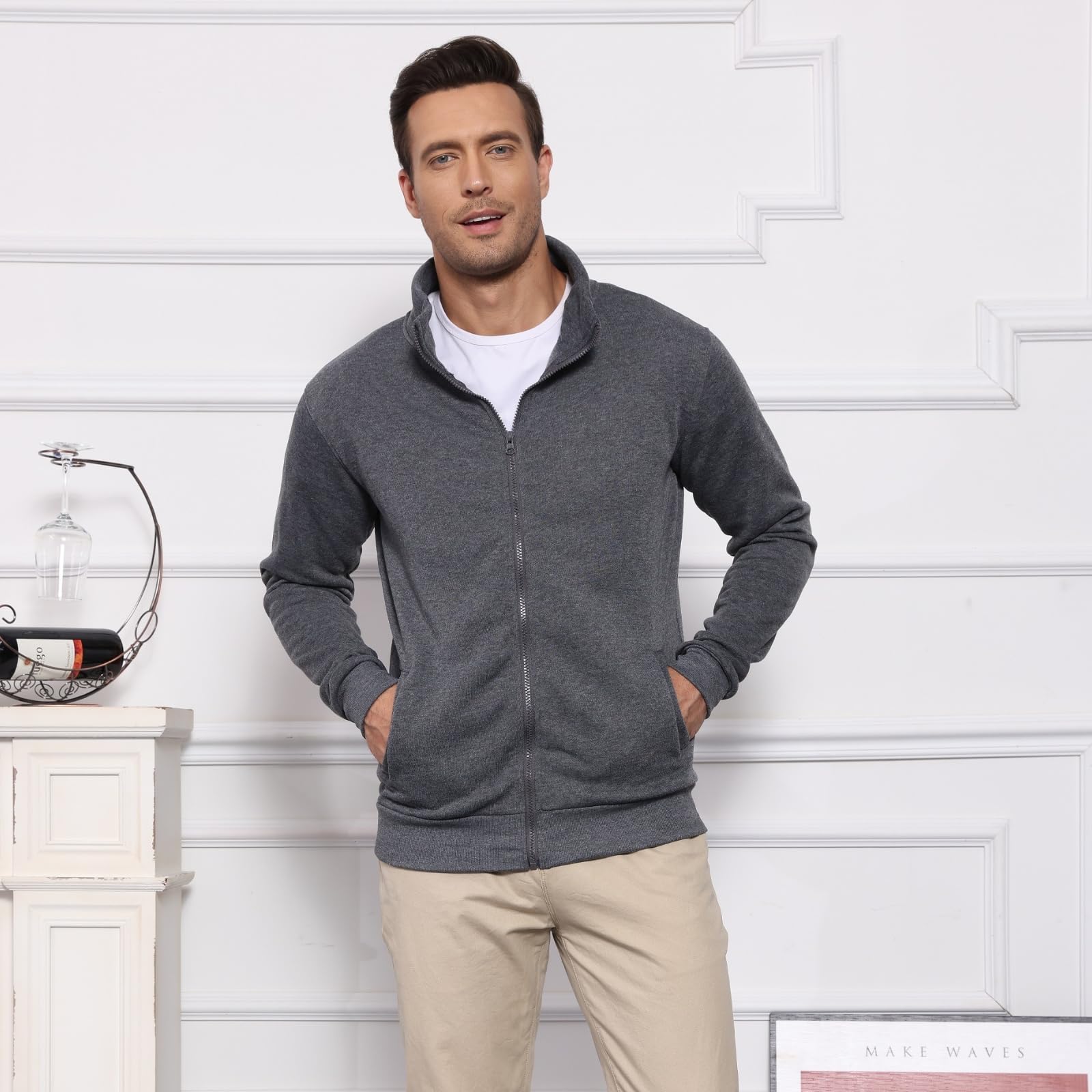 LAOARA Felpa Uomo con Zip Felpe Senza Cappuccio Nera Hoodie Leggera Invernale Giubbotto Giacca Giaccone M-3XL