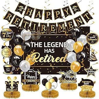 Happy Retirement Party Decorations Men Women, Black and Gold Retirement Party Decorations, Happy Banner, Backdrop, Hanging Swirls, Honeycomb Centerpiece