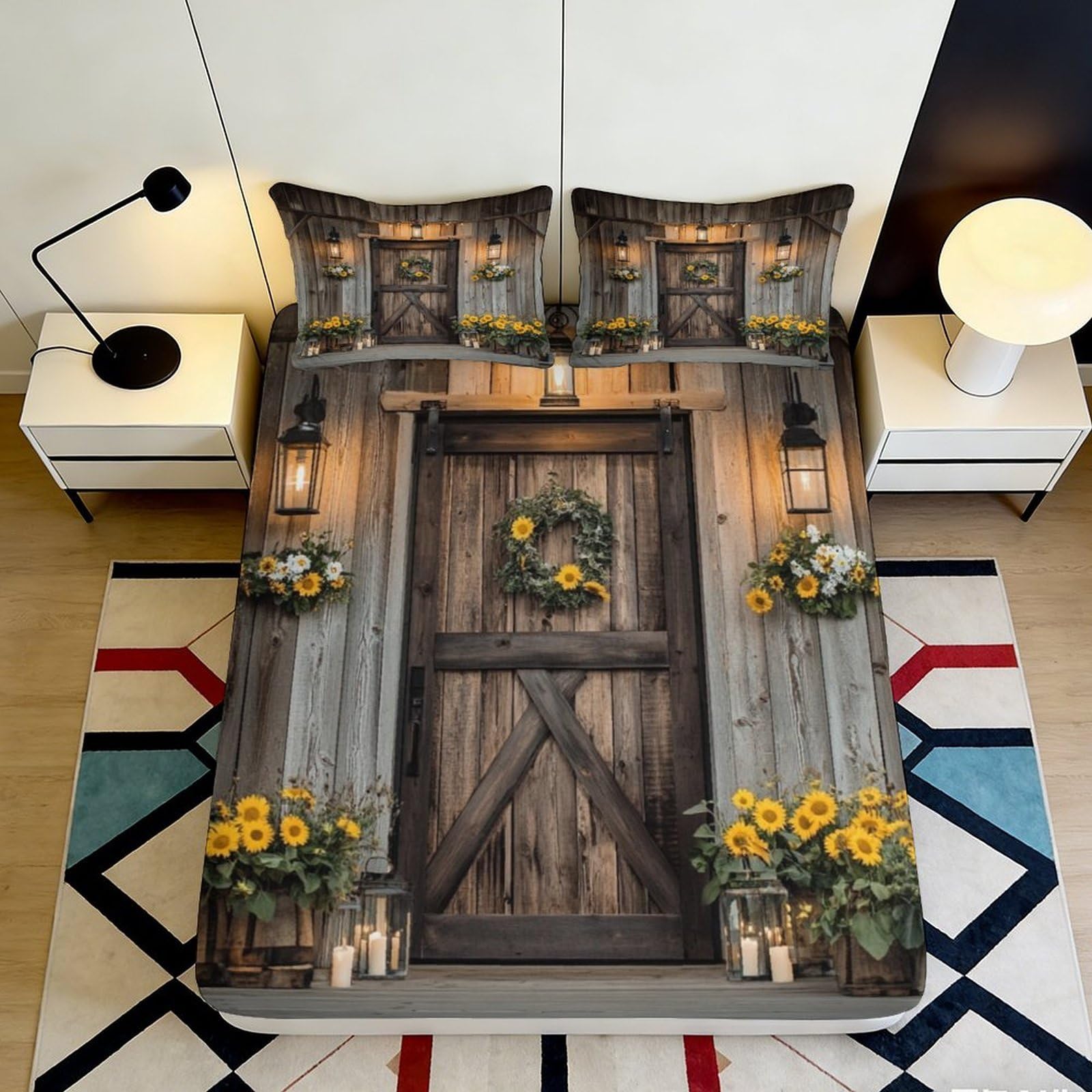 Jqzkxnhpbr Style-5 3D Printed Rustic Wooden Door Fitted Sheet Microfiber Sunflower Farmhouse Mattress Cover For Bedroom Guest Room Decor 90X200x25cm