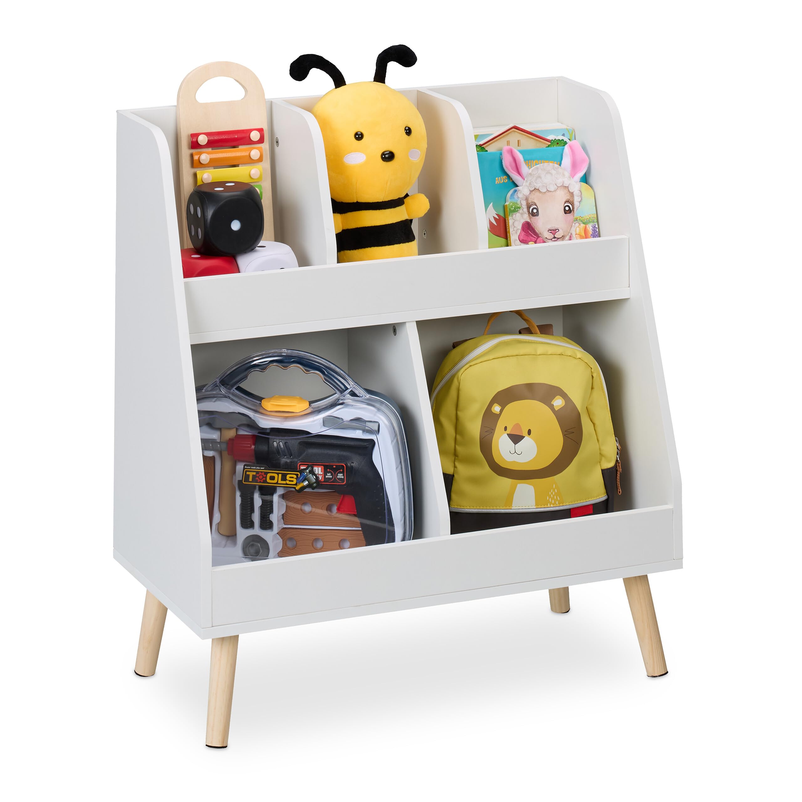 Relaxdays Estantería Infantil, 66x60x30cm, Librería Niños 5 Estantes, MDF, Patas Madera, Mueble Juguetes, Blanco/Natural