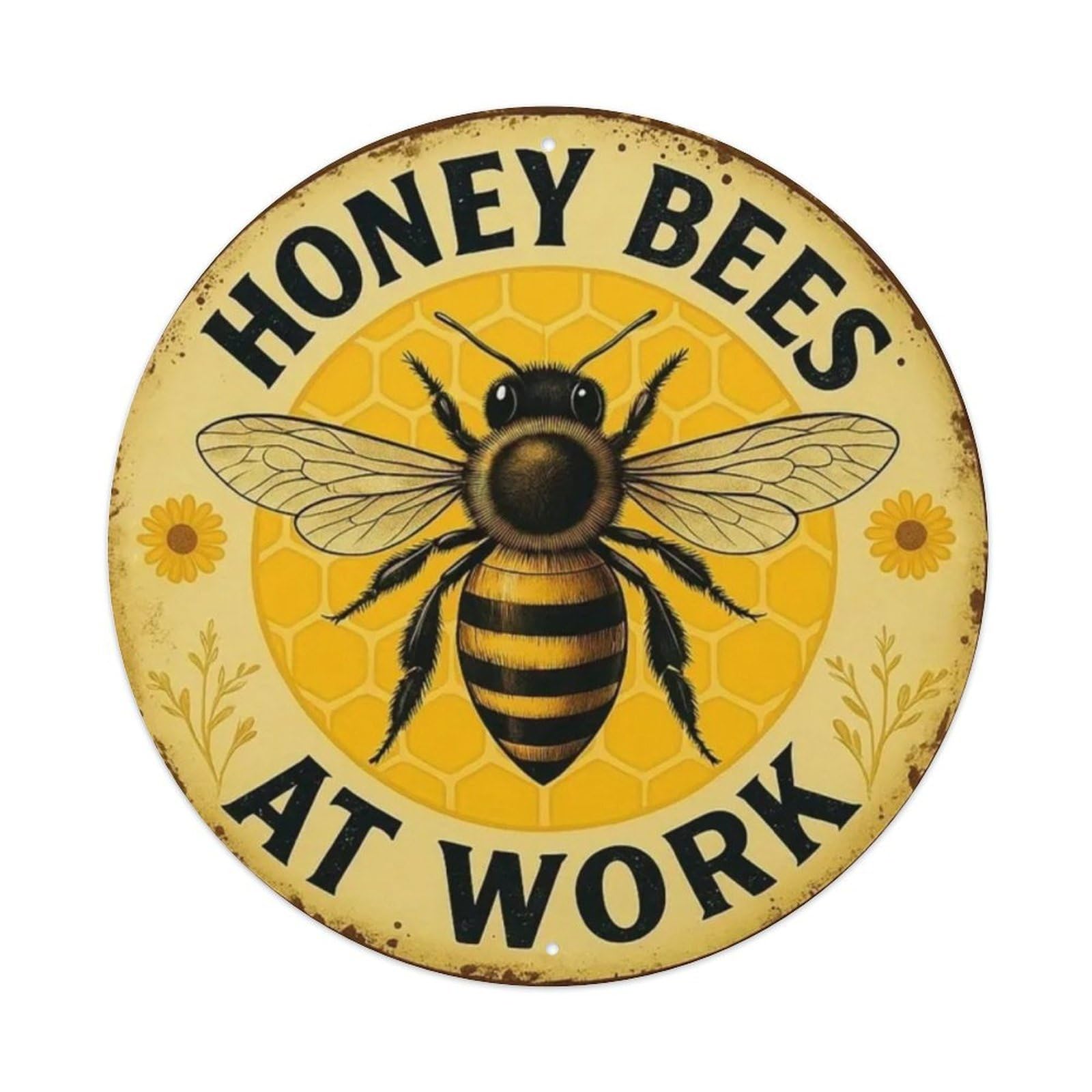 Honey Bees at Work Round Tin Sign Vintage Metal Sign Home Bar Garden Wall Decor Metal Poster 8x8 Inch