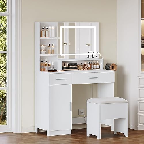Miniatura 9 de Escritorio de tocador con espejo LED y luces, juego de tocador de maquillaje con silla, toma de corriente, cajones, gabinete, tocador con estantes