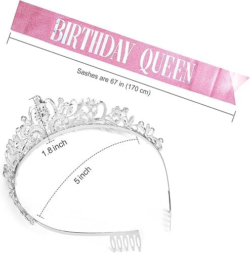 Miniatura 6 de Kit de banda y tiara de cristal de "Birthday Queen", tiara plateada y coronas para mujer, banda para niñas, juego de decoración de cumpleaños rosa,