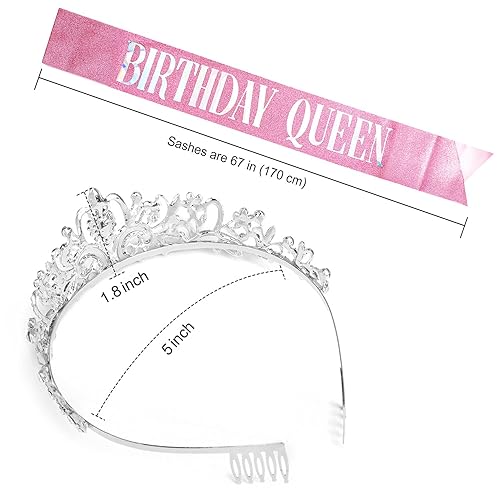 Miniatura 6 de Kit de banda y tiara de cristal de "Birthday Queen", tiara plateada y coronas para mujer, banda para niñas, juego de decoración de cumpleaños rosa,