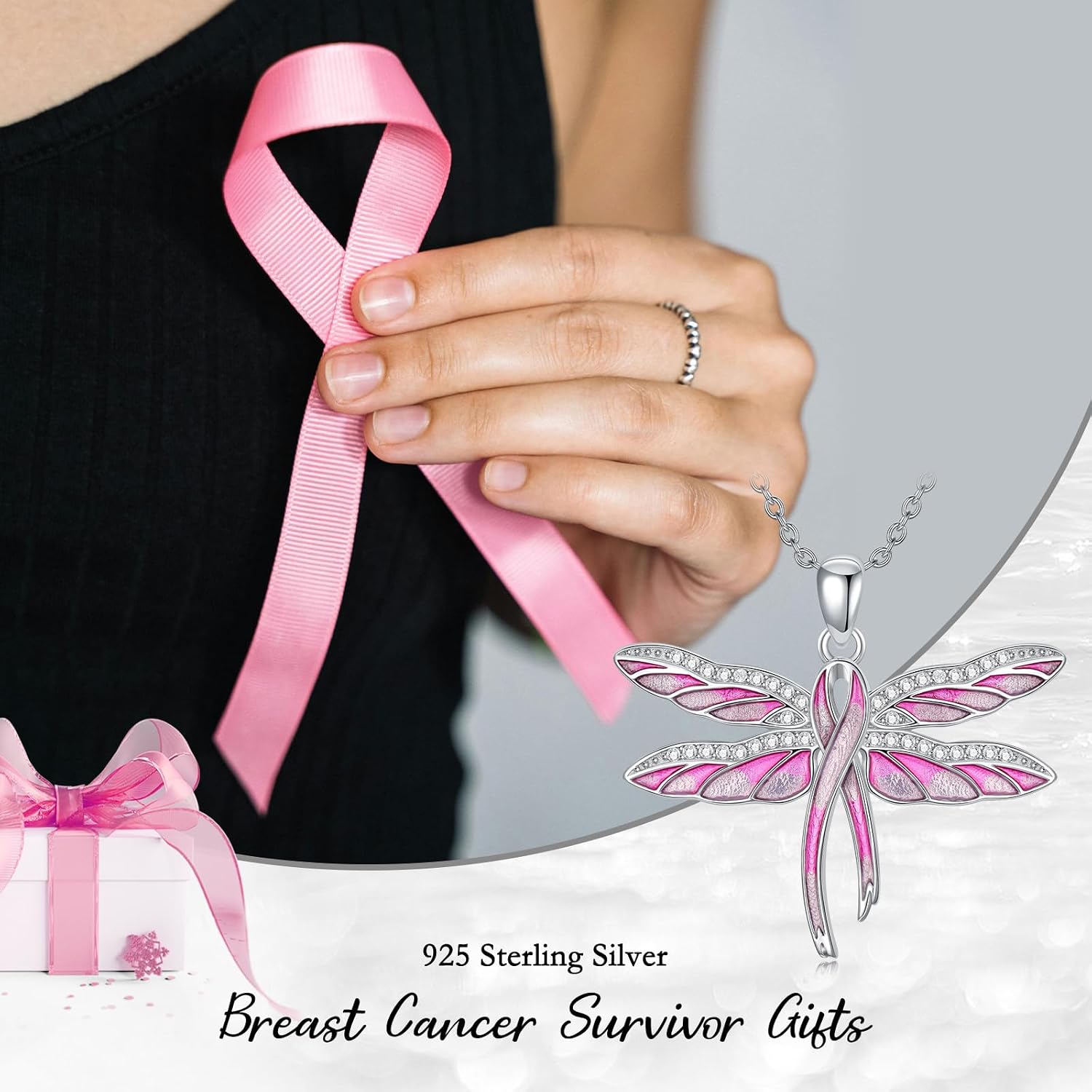 Breast Cancer Awareness Necklace 925 Sterling Silver Butterfly/Dragonfly Pink Ribbon Pendant Breast Cancer Survivor Jewelry Gift for Women