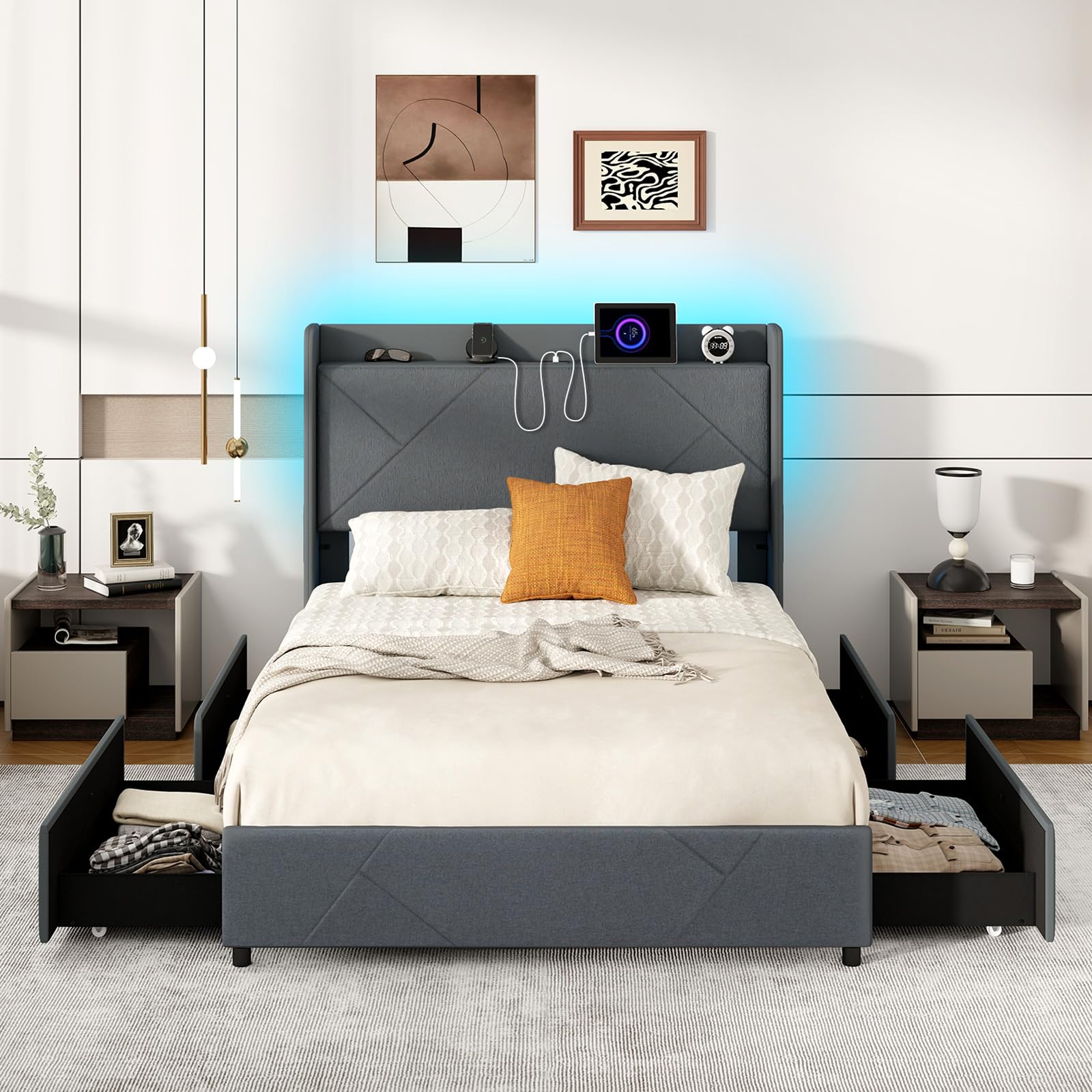 COSTWAY Letto Matrimoniale 140 x 200 cm, Letto Imbottito con Testiera, Luci LED, Stazione di Ricarica, 2 Tasche e 4 Cassetti, Carico 500kg, Silenzioso