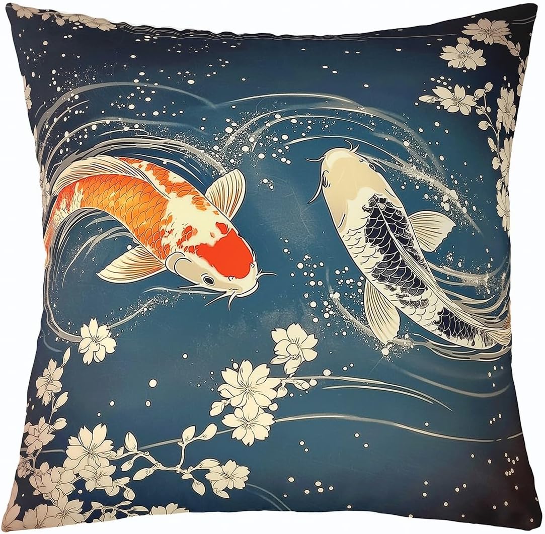 Feelyou Koi Fish Throw Pillow Covers 1 Pcs Flower Decorative Pillowcase Japanese Style Cushion Covers for Sofa Couch Bed Aesthetics Marine Animal Cushion Case Home Decor 24 x 24-Inch