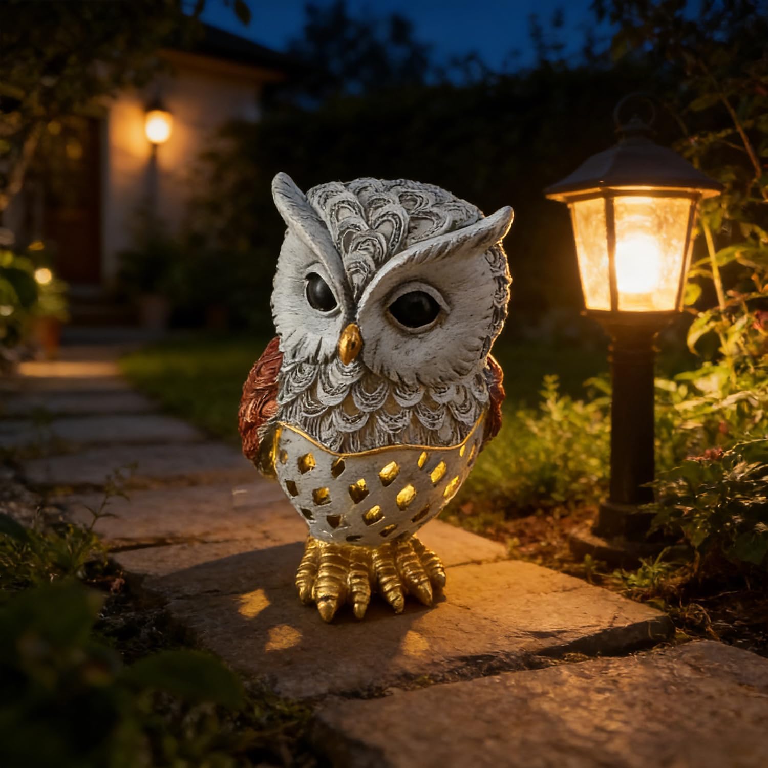 Solar Owl Garden Statues Outdoor Decor Resin Owl Figurine with LED Lights Owl Sculpture for Porch Patio Lawn Yard Decorations Christmas Housewarming Gifts for Women Mom,Brown Owl