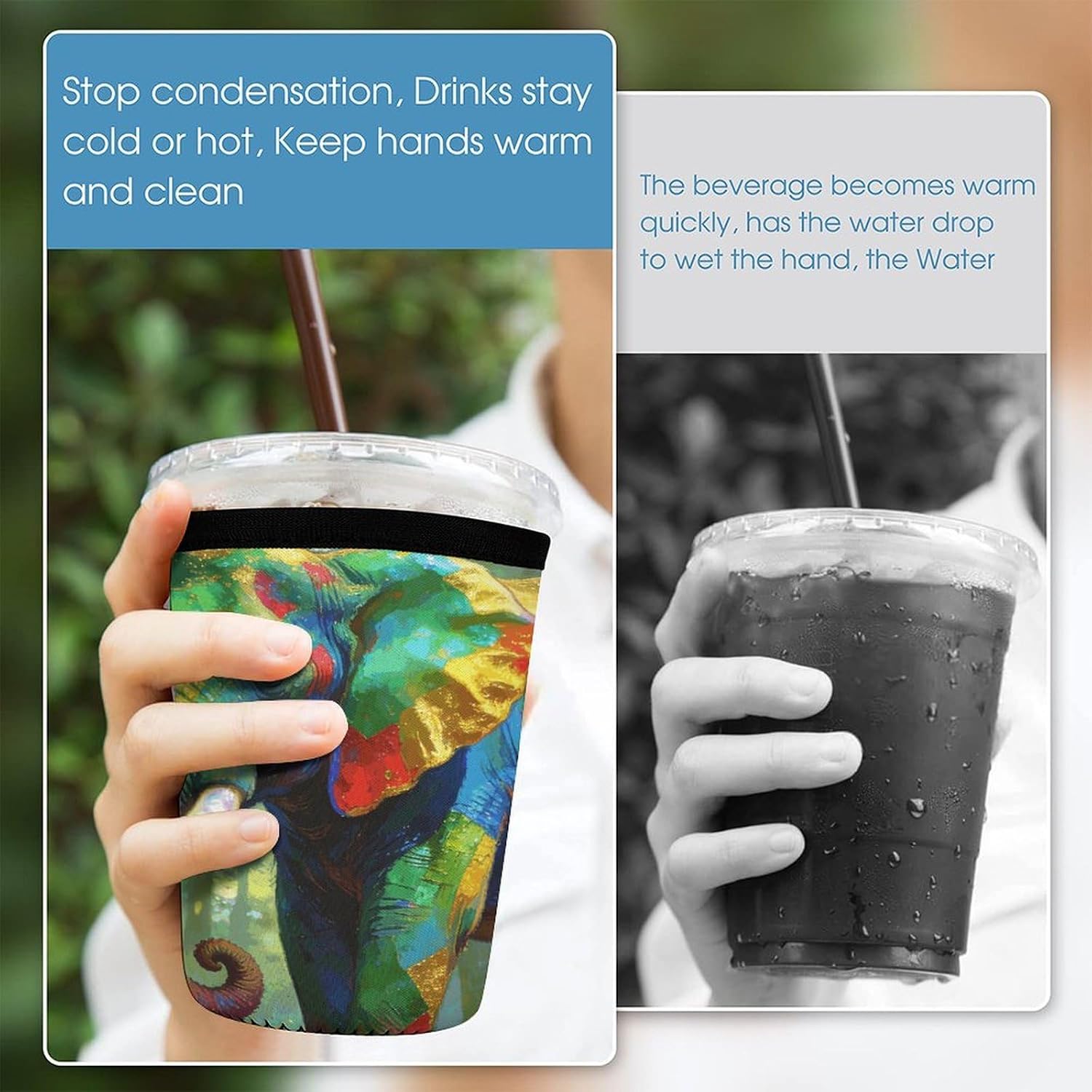 Colorful Forest Elephant Cup Sleeve 3 Pack, Neoprene, Sleeve for Coffee Cup, Keeps Hands Dry And Reusable Insulator Sleeve for Hot Cold Drinks