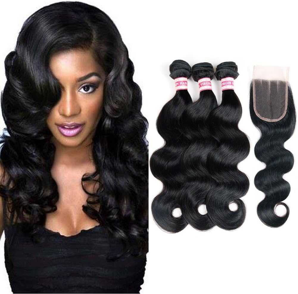 Body Wave 8A Peruvian Remy Hair 3 Bundles with Closure Unprocessed Virgin Peruvian Hair Body Wave with Closure Human Hair Extensions Bundles with 3 Part Closure(44) (10 10 10+8)